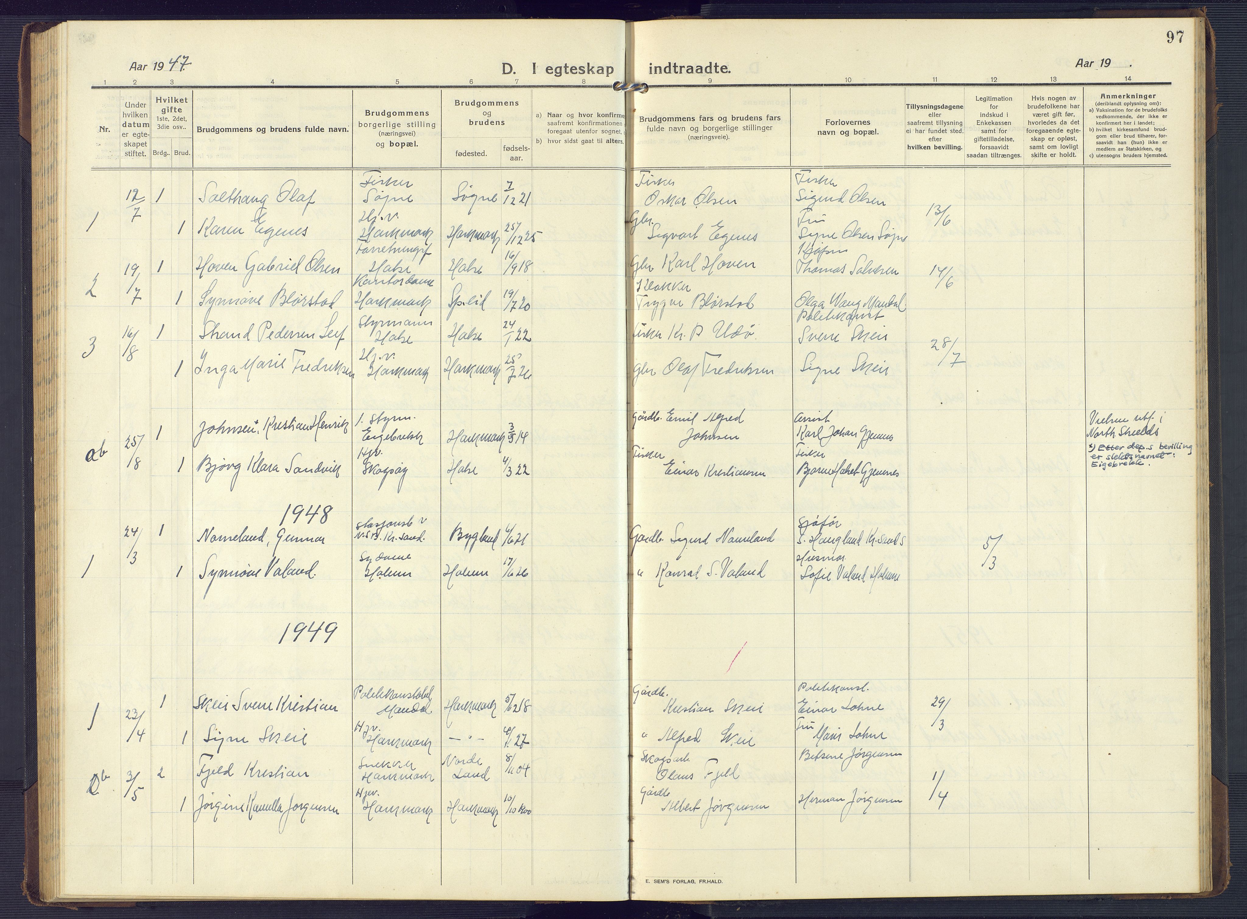 Mandal sokneprestkontor, AV/SAK-1111-0030/F/Fb/Fbb/L0005: Parish register (copy) no. B 5, 1913-1957, p. 97