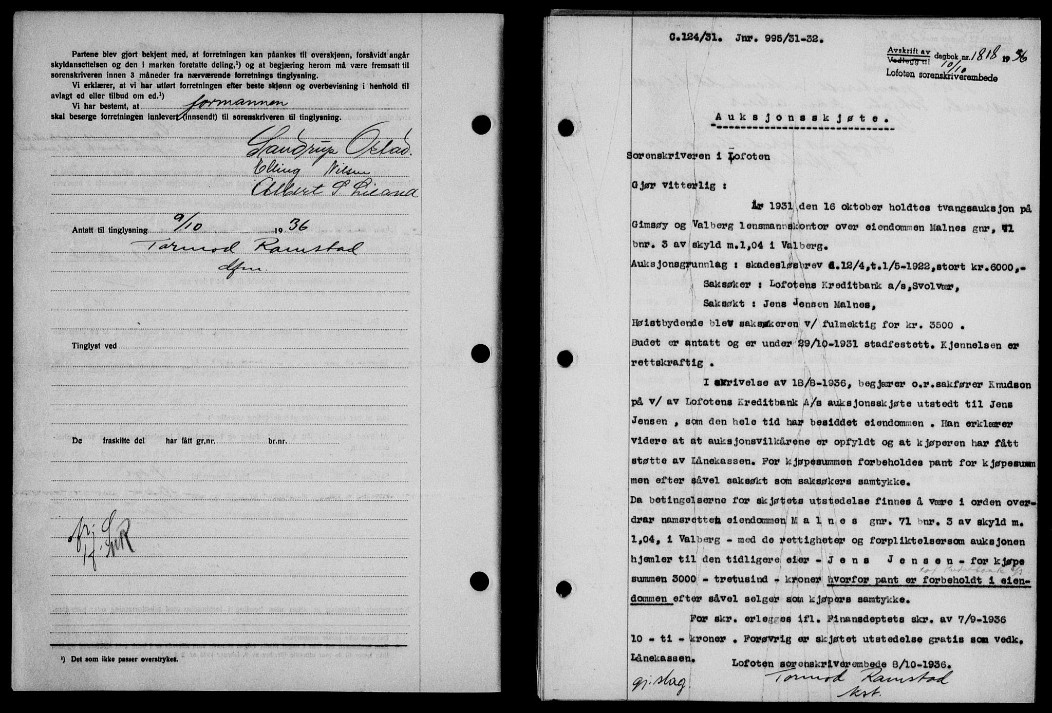 Lofoten sorenskriveri, SAT/A-0017/1/2/2C/L0001a: Mortgage book no. 1a, 1936-1937, Diary no: : 1818/1936