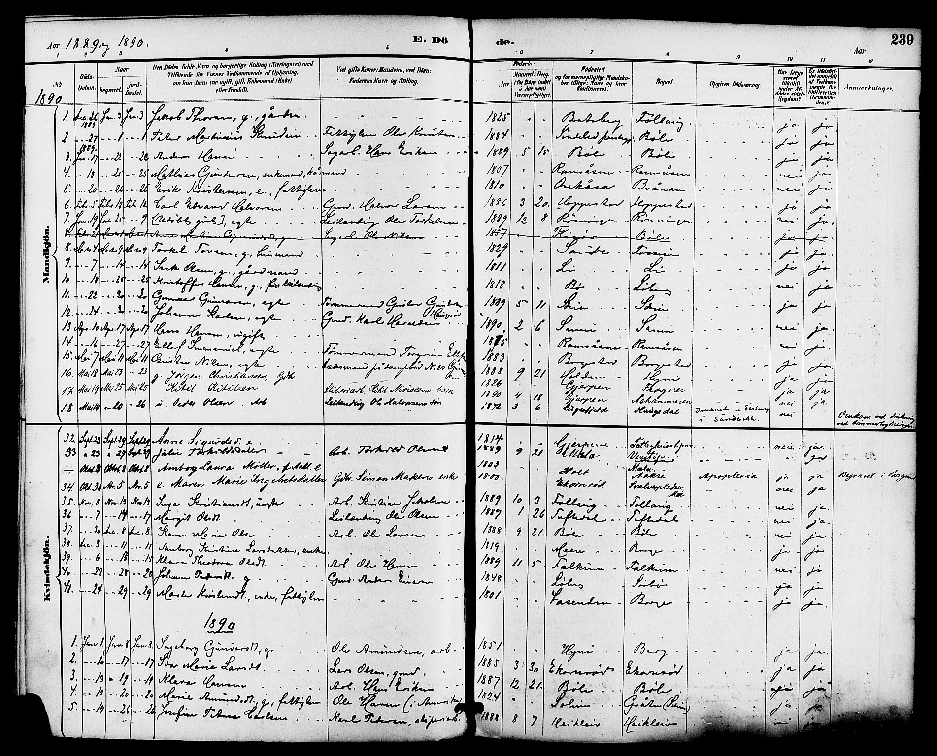 Gjerpen kirkebøker, SAKO/A-265/F/Fa/L0010: Parish register (official) no. I 10, 1886-1895, p. 239