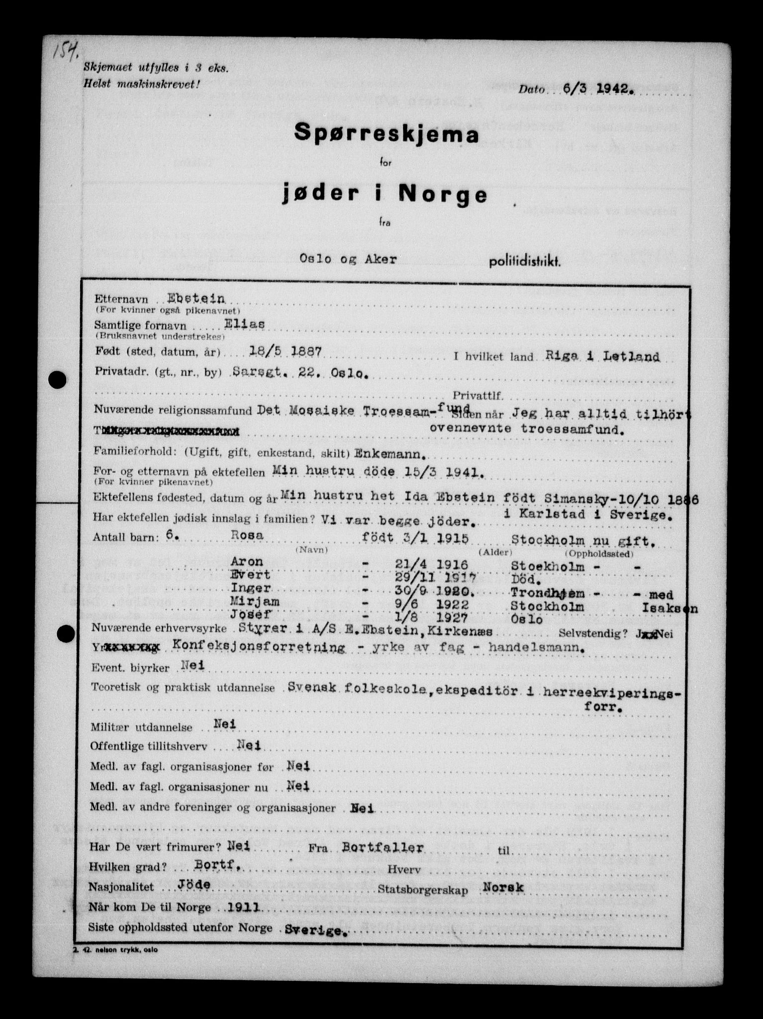 Statspolitiet - Hovedkontoret / Osloavdelingen, RA/S-1329/G/Ga/L0009: Spørreskjema for jøder i Norge, Oslo Alexander-Gutman, 1942, p. 153