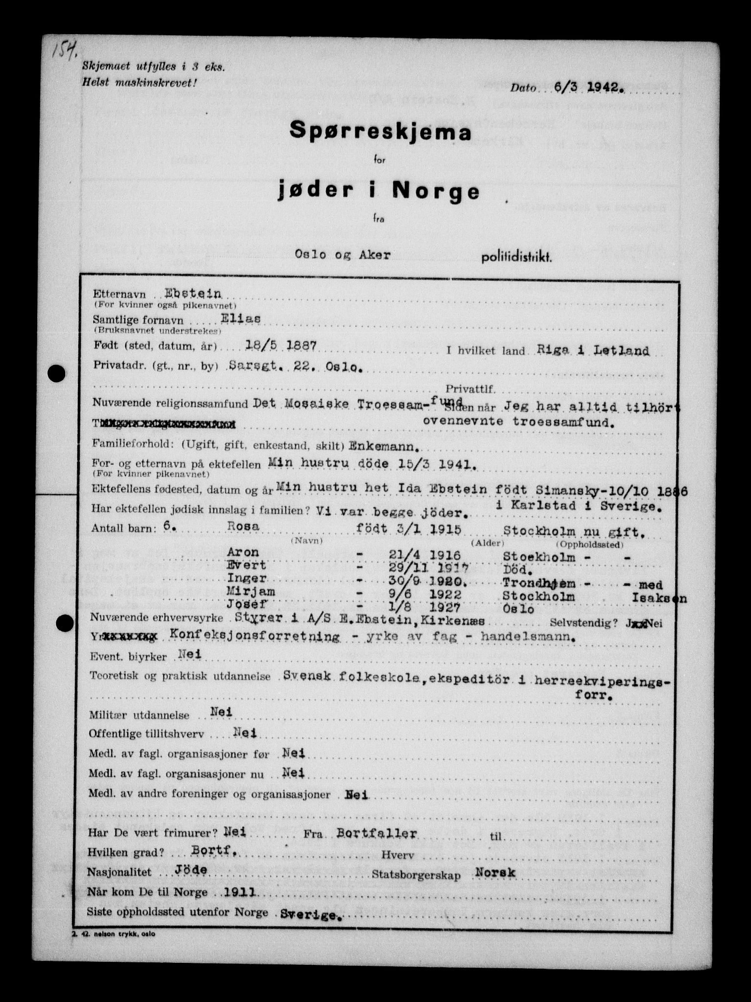 Statspolitiet - Hovedkontoret / Osloavdelingen, AV/RA-S-1329/G/Ga/L0009: Spørreskjema for jøder i Norge: Jøder bosatt i Oslo, Alexander - Gutman, 1942, p. 463