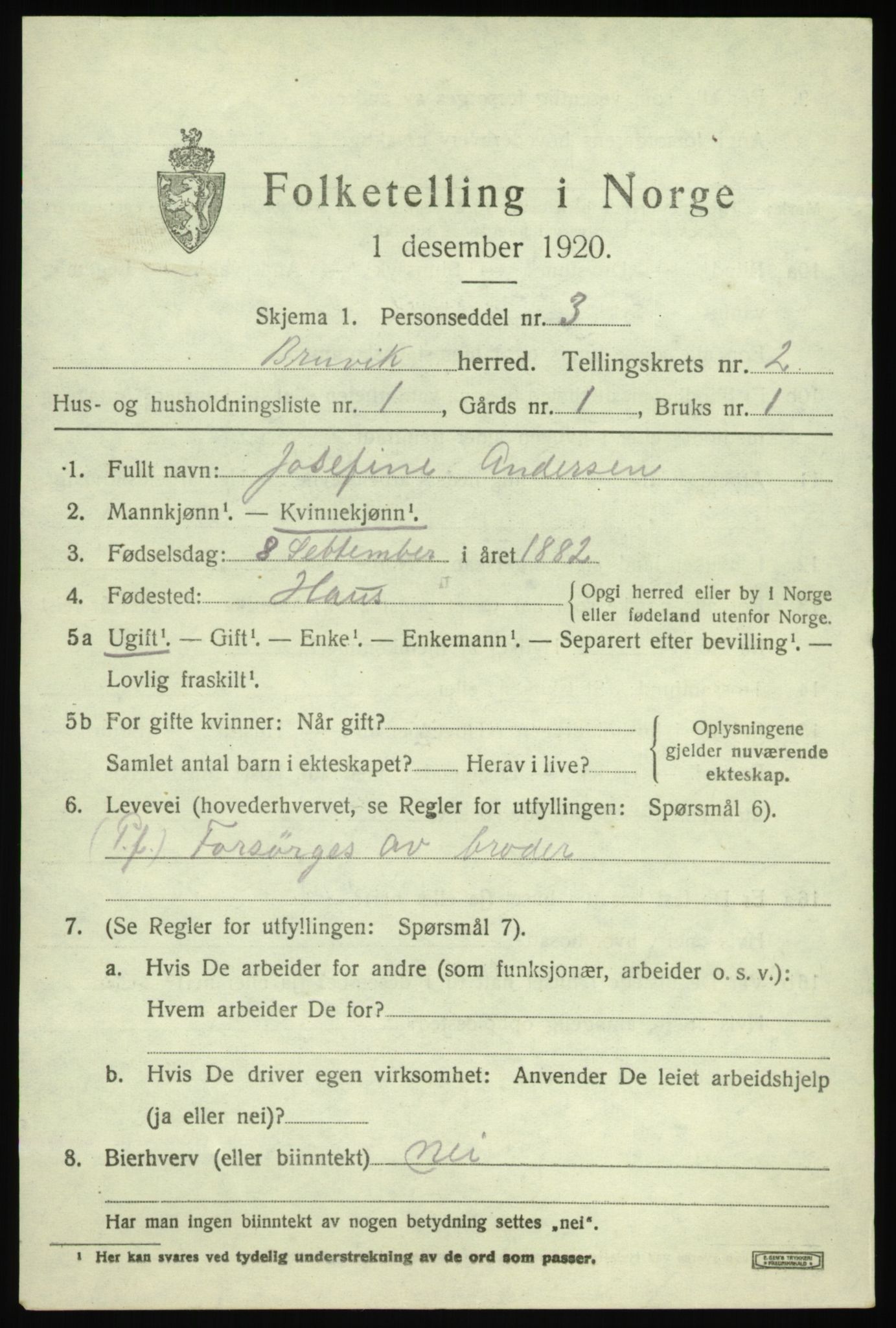 SAB, 1920 census for Bruvik, 1920, p. 1360