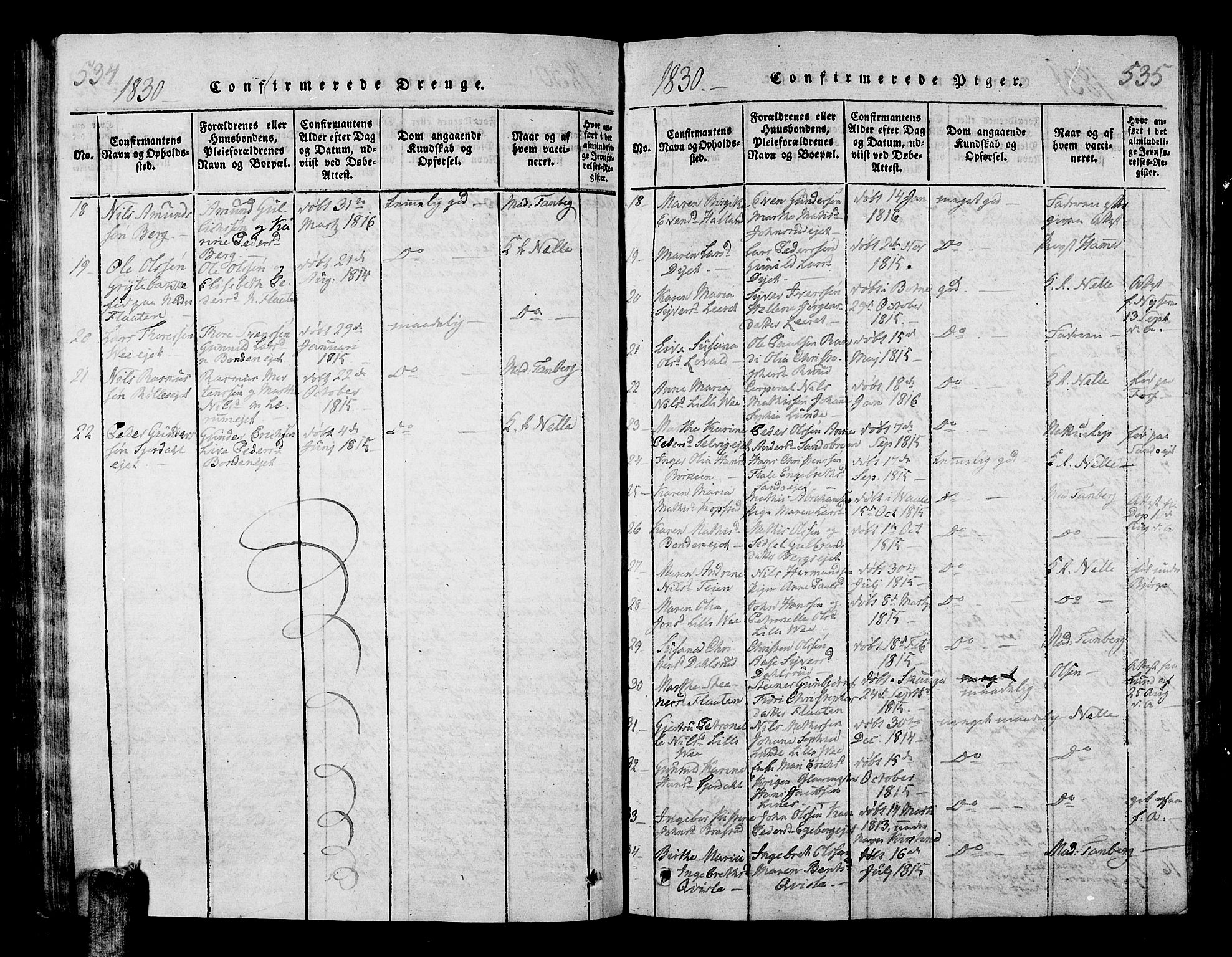 Sande Kirkebøker, SAKO/A-53/G/Ga/L0001: Parish register (copy) no. 1, 1814-1847, p. 534-535