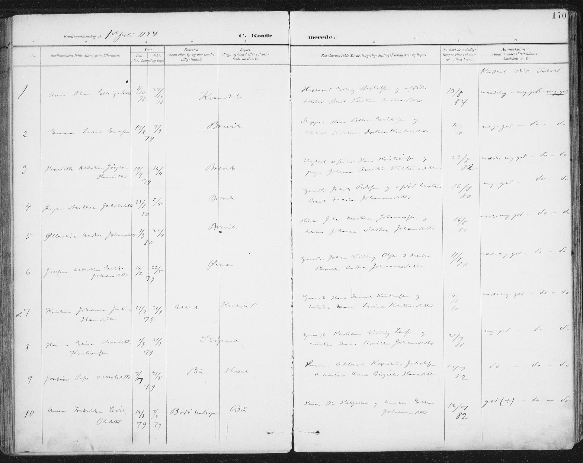 Ministerialprotokoller, klokkerbøker og fødselsregistre - Nordland, AV/SAT-A-1459/852/L0741: Parish register (official) no. 852A11, 1894-1917, p. 170