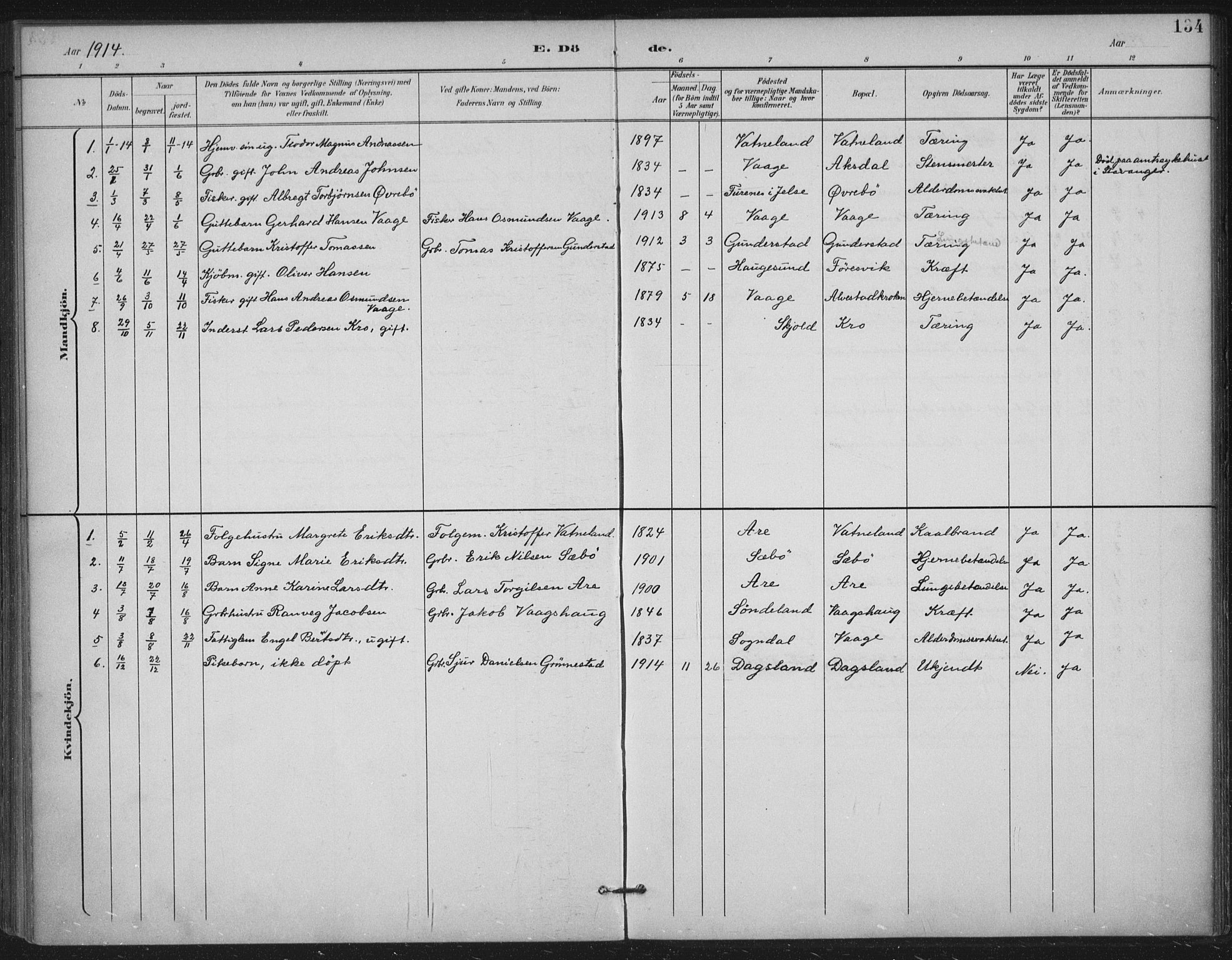 Tysvær sokneprestkontor, AV/SAST-A -101864/H/Ha/Haa/L0009: Parish register (official) no. A 9, 1898-1925, p. 134