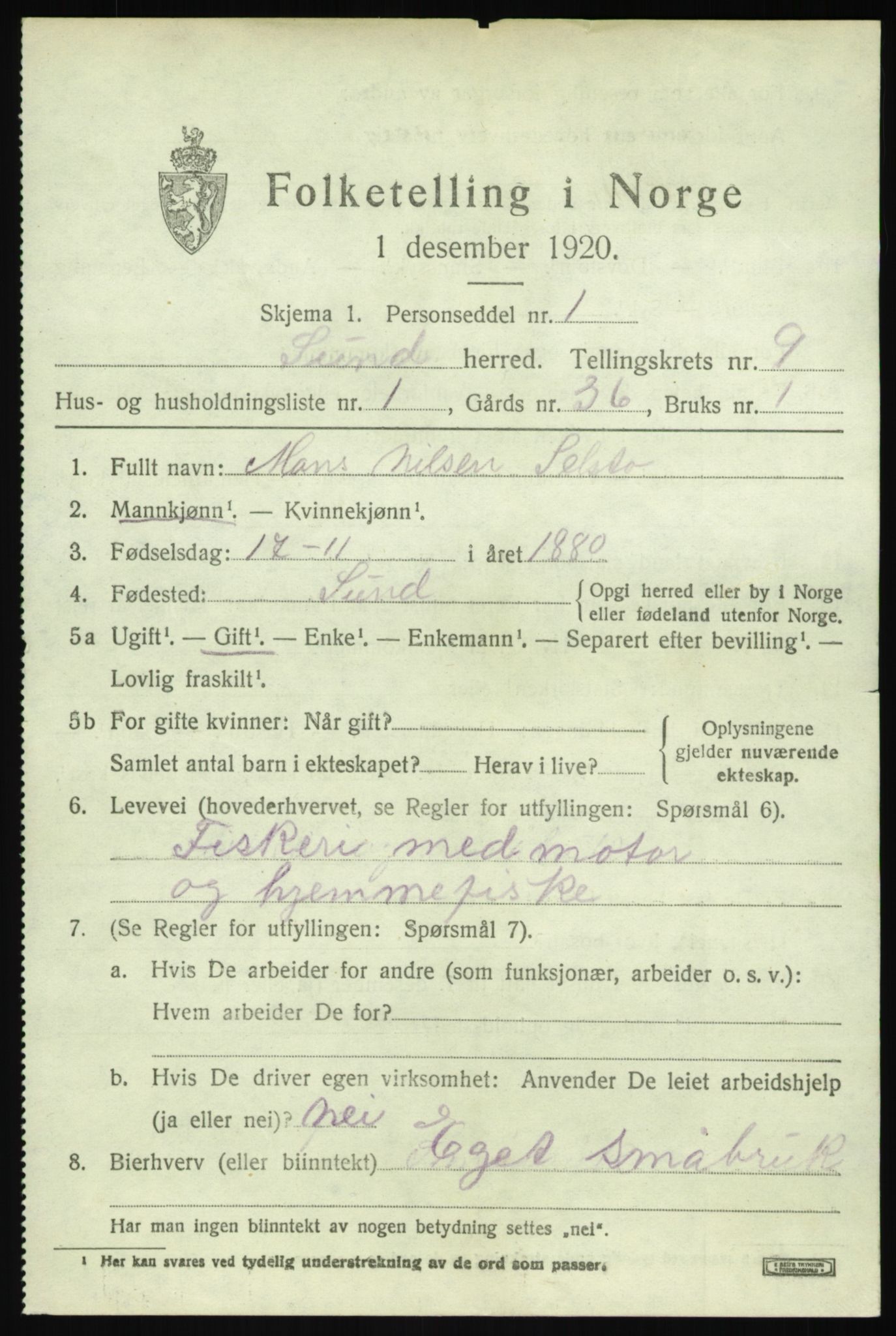 SAB, 1920 census for Sund, 1920, p. 5303