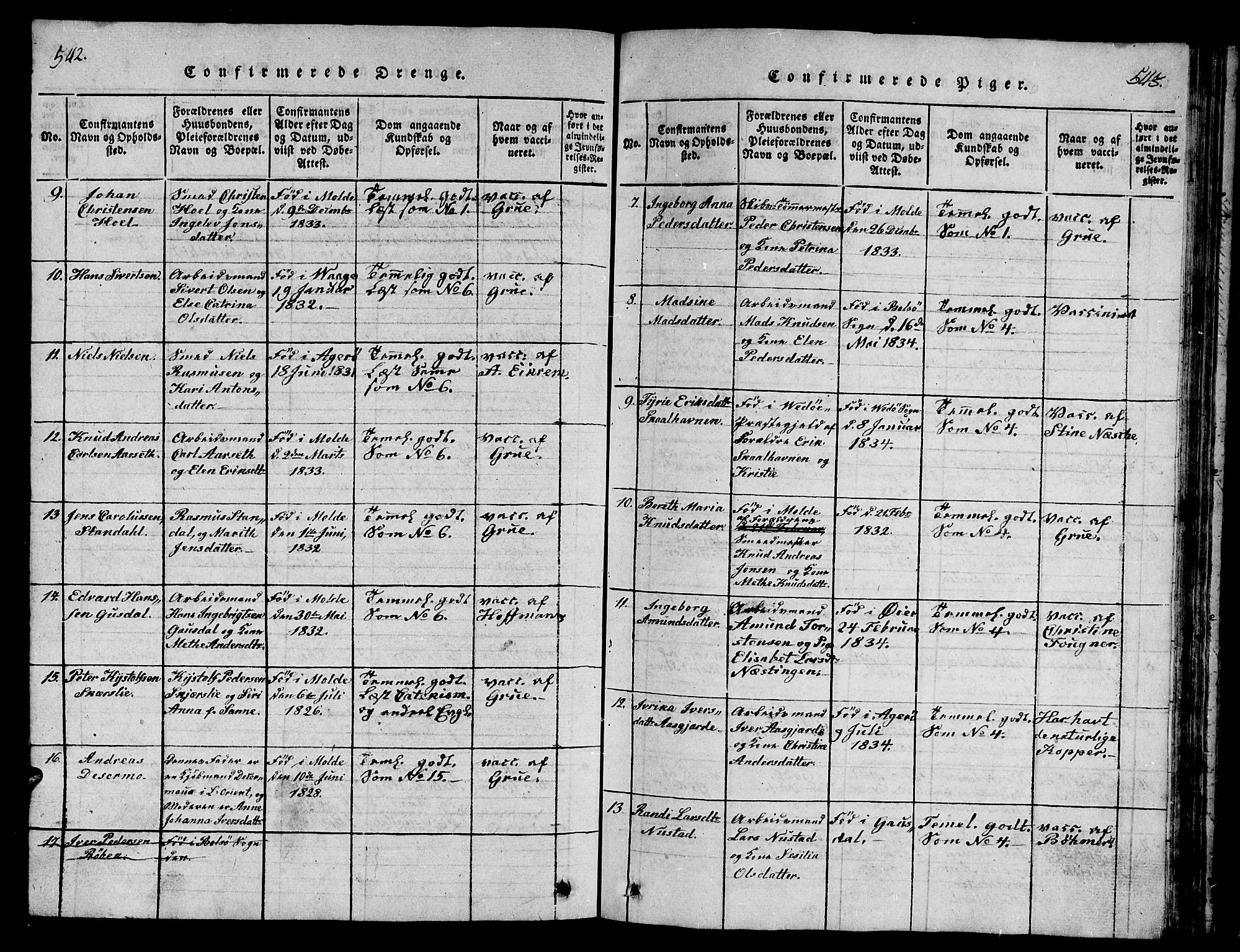 Ministerialprotokoller, klokkerbøker og fødselsregistre - Møre og Romsdal, SAT/A-1454/558/L0700: Parish register (copy) no. 558C01, 1818-1868, p. 542-543