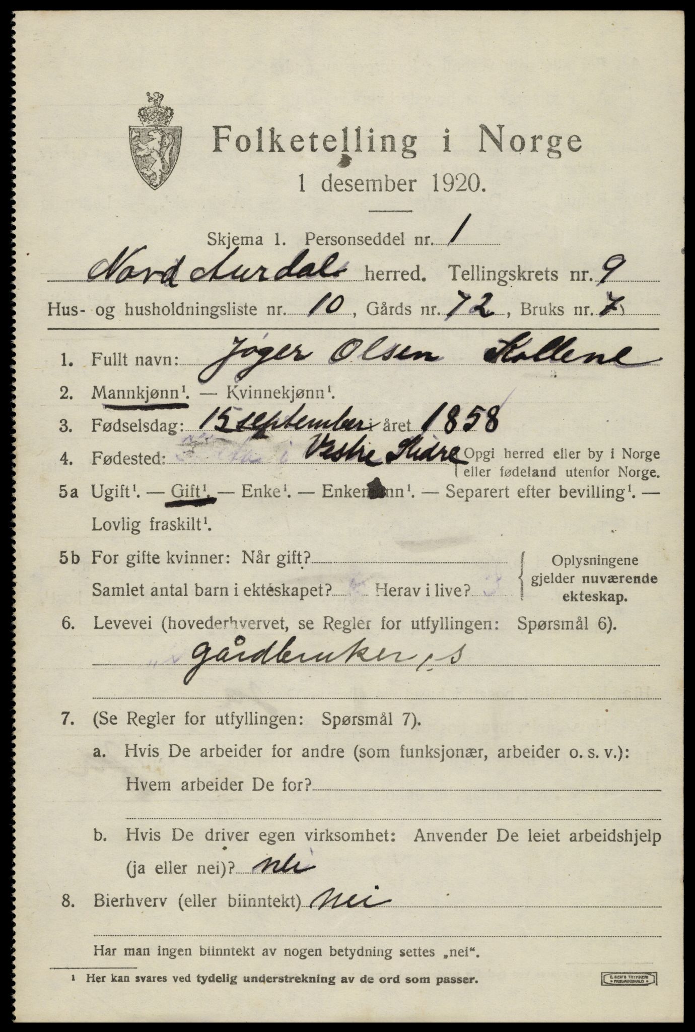 SAH, 1920 census for Nord-Aurdal, 1920, p. 7612