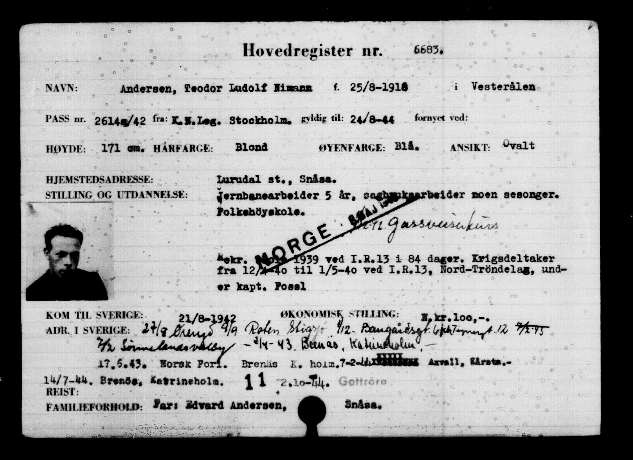 Utenriksstasjonene, Legasjonen i Stockholm, Flyktningkontoret, AV/RA-S-6753/V/Va/L0005: Kjesäterkartoteket, flyktninger med registreringsnr. 6600-9417, 1940-1945, p. 99