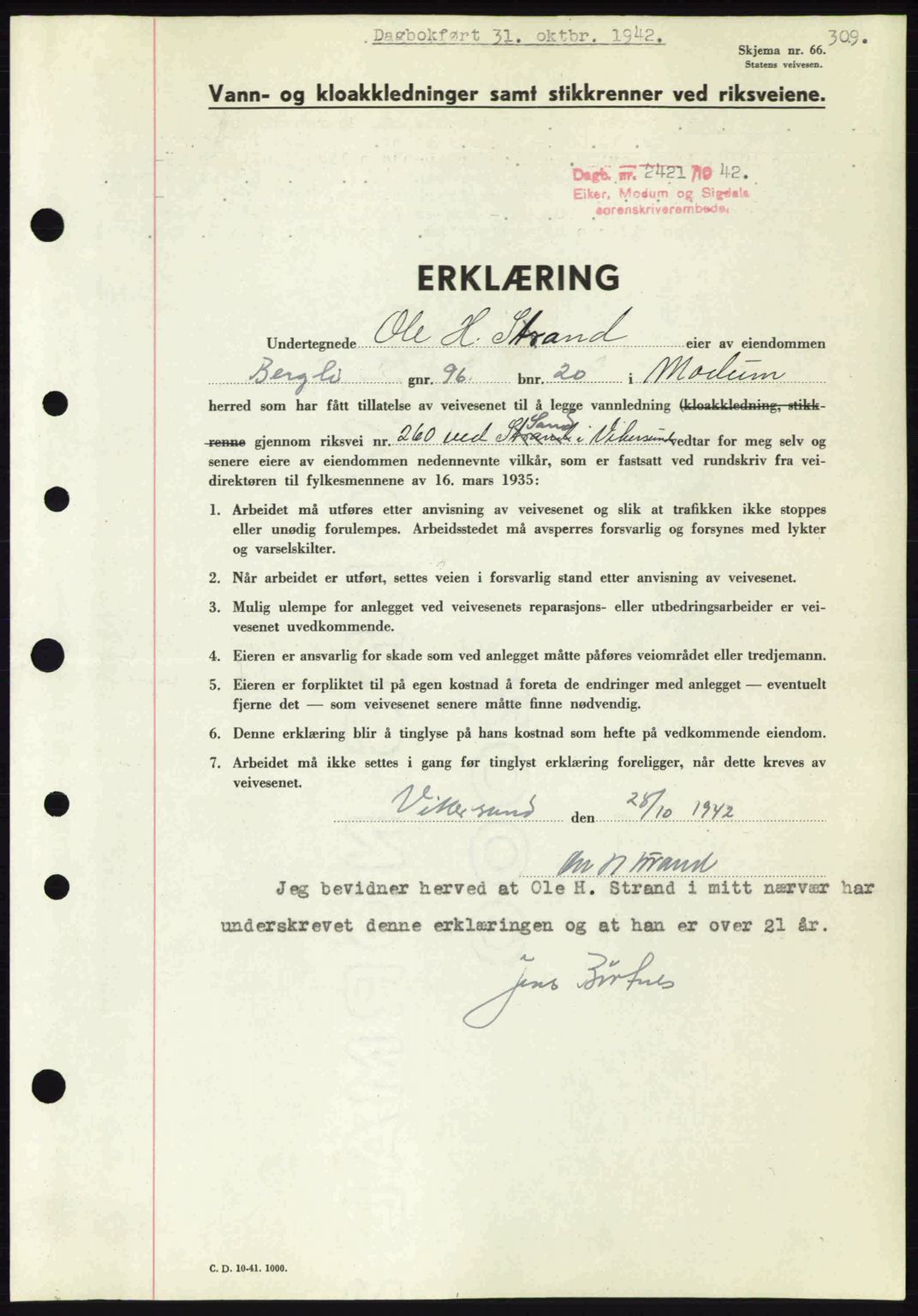 Eiker, Modum og Sigdal sorenskriveri, SAKO/A-123/G/Ga/Gab/L0047: Mortgage book no. A17, 1942-1943, Diary no: : 2421/1942