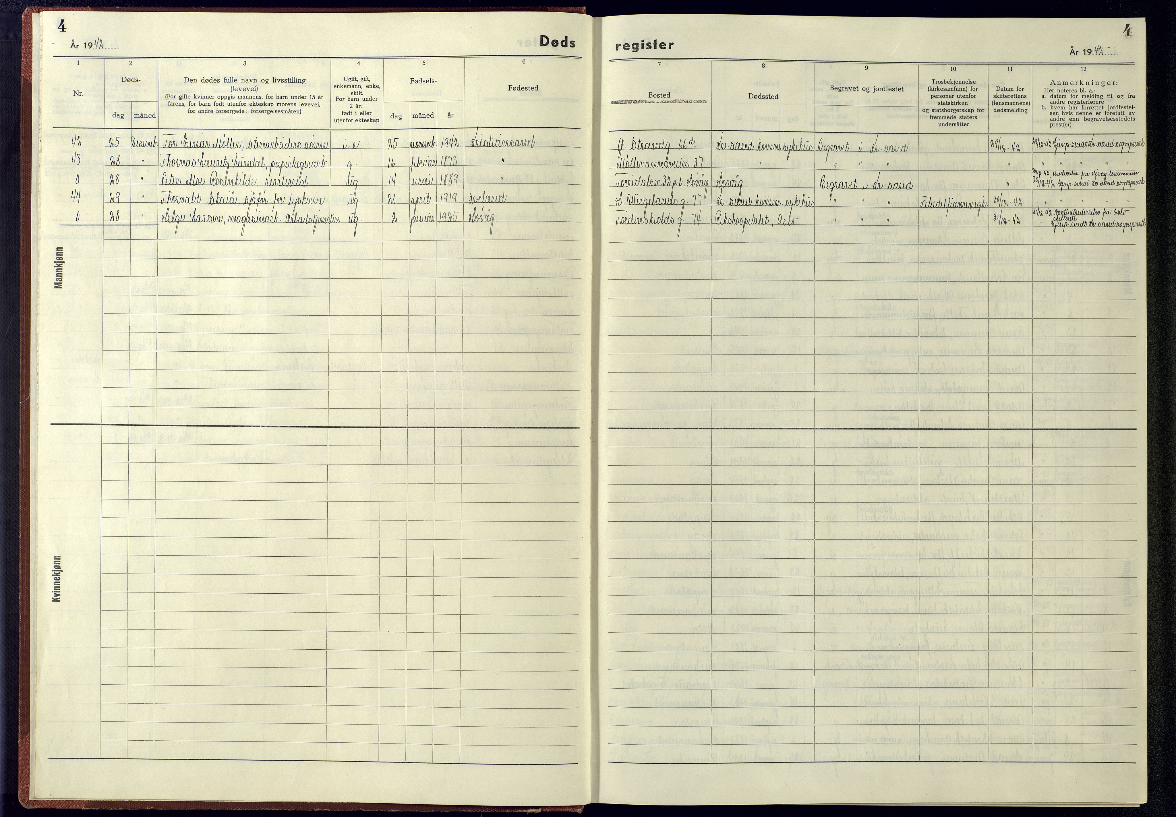 Kristiansand domprosti, SAK/1112-0006/J/Ja/L0004: Dødsfallsregister A-VI-16, 1942-1945, p. 4