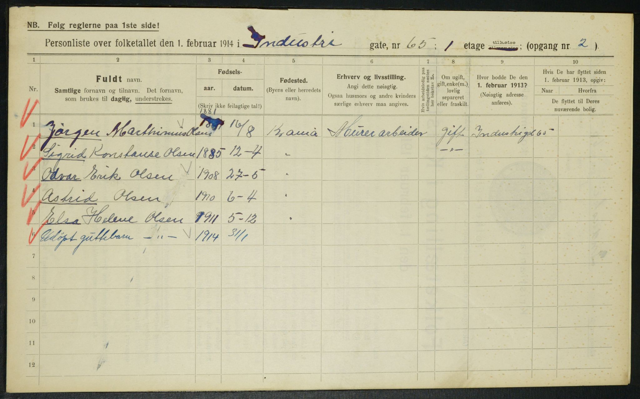 OBA, Municipal Census 1914 for Kristiania, 1914, p. 43745