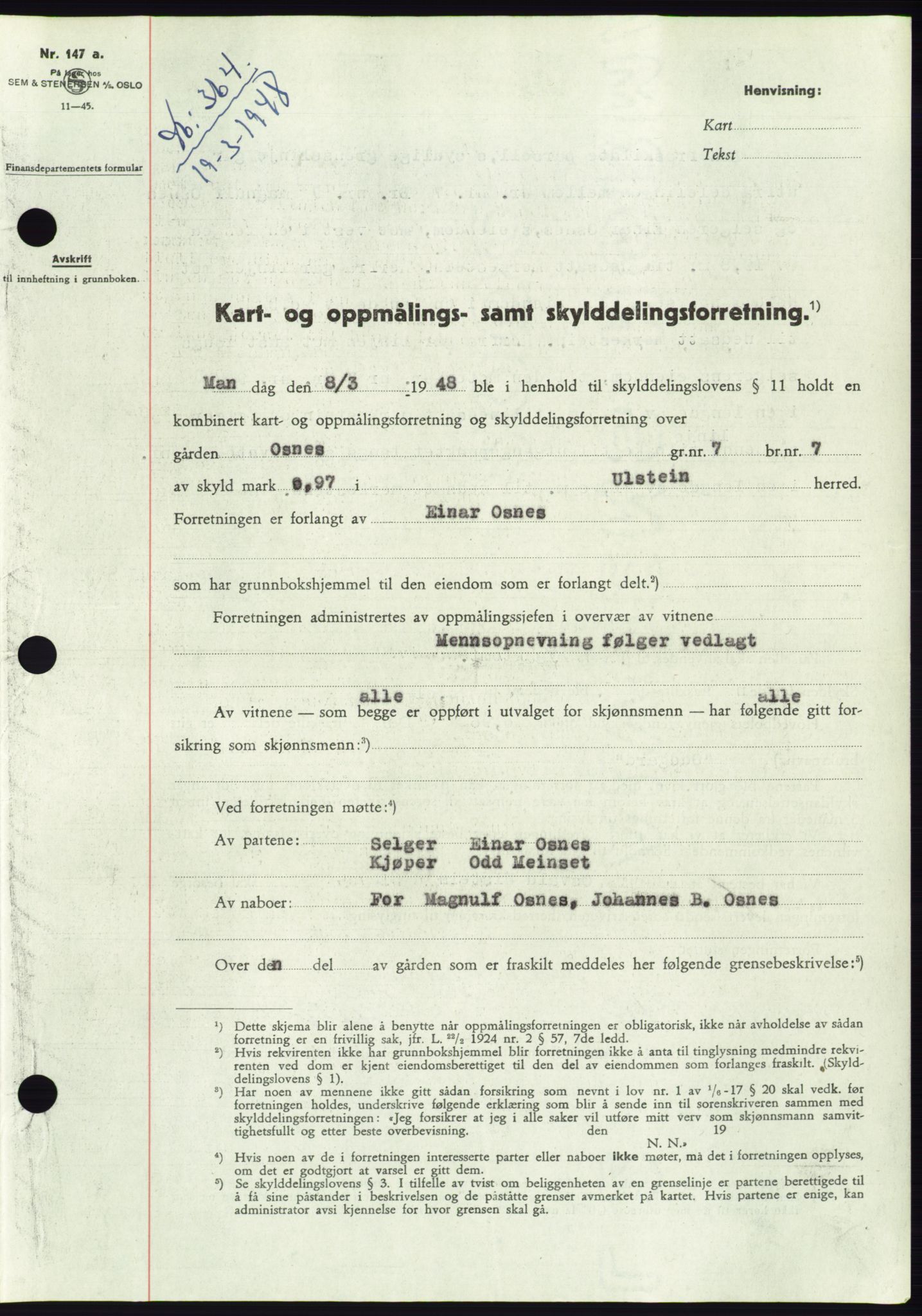 Søre Sunnmøre sorenskriveri, AV/SAT-A-4122/1/2/2C/L0082: Mortgage book no. 8A, 1948-1948, Diary no: : 364/1948