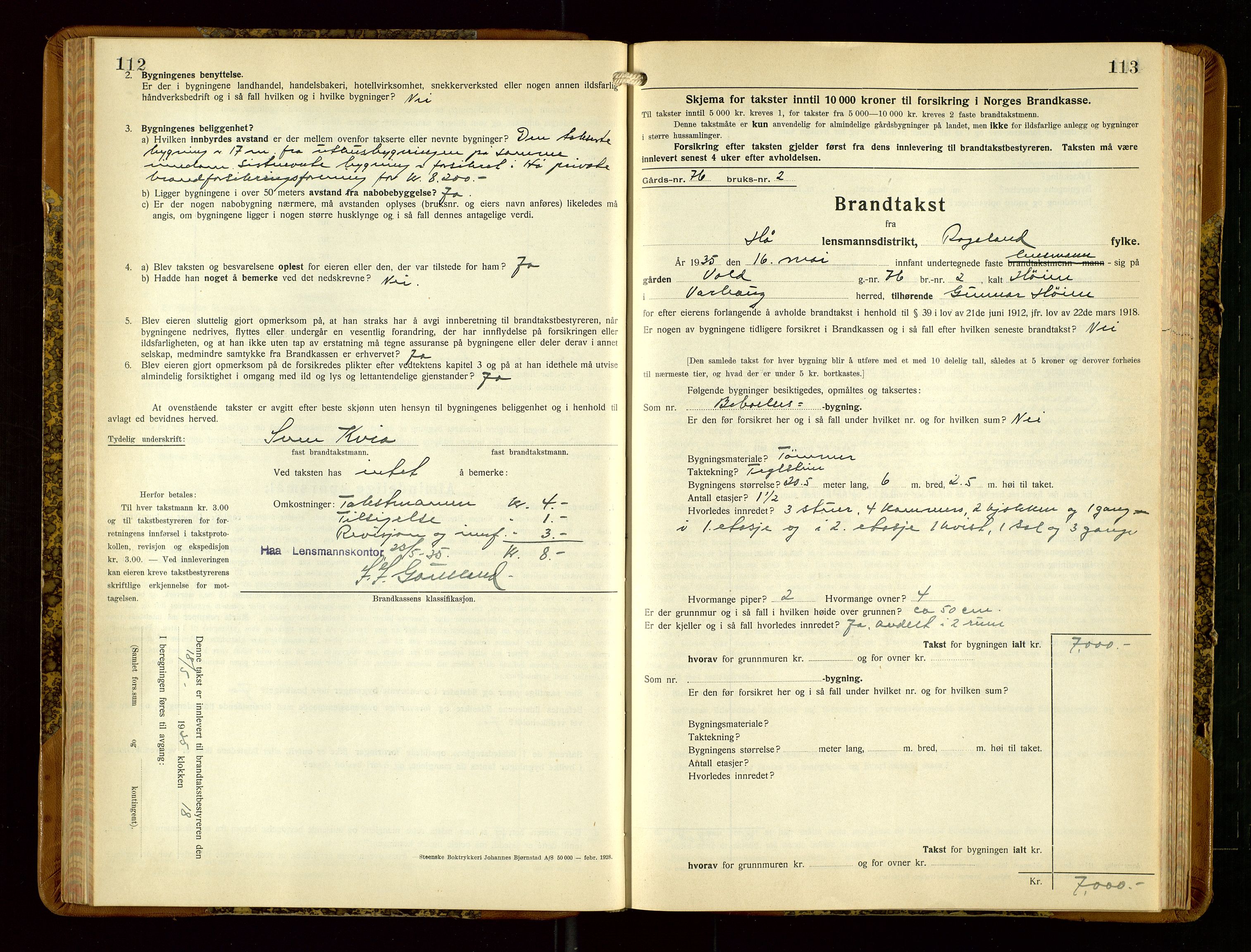 Hå lensmannskontor, AV/SAST-A-100456/Goa/L0006: Takstprotokoll (skjema), 1932-1938, p. 112-113