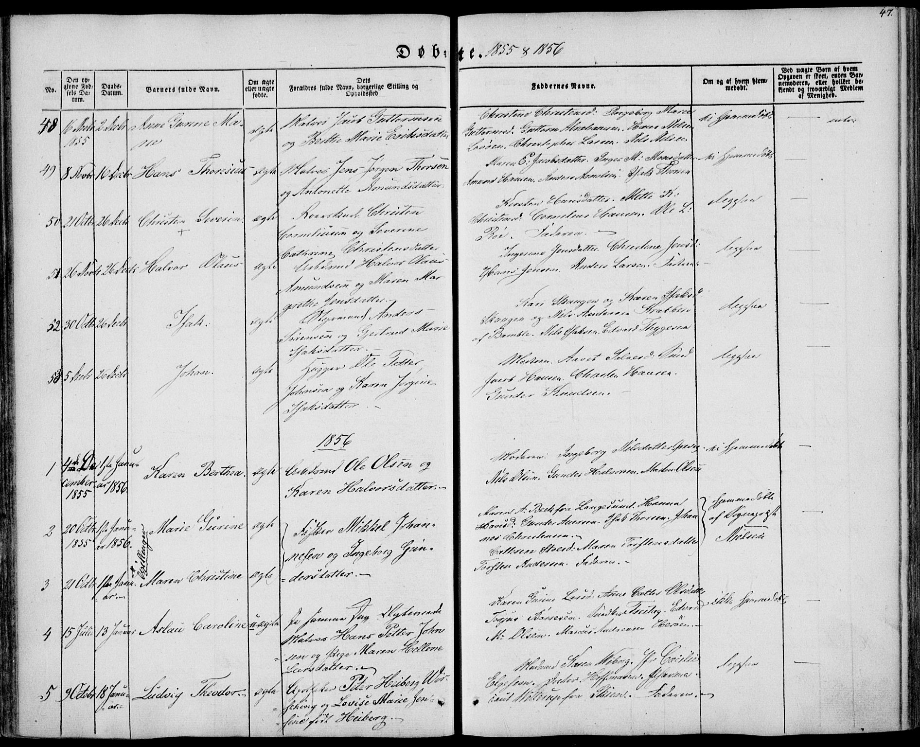 Brevik kirkebøker, SAKO/A-255/F/Fa/L0005: Parish register (official) no. 5, 1847-1865, p. 47