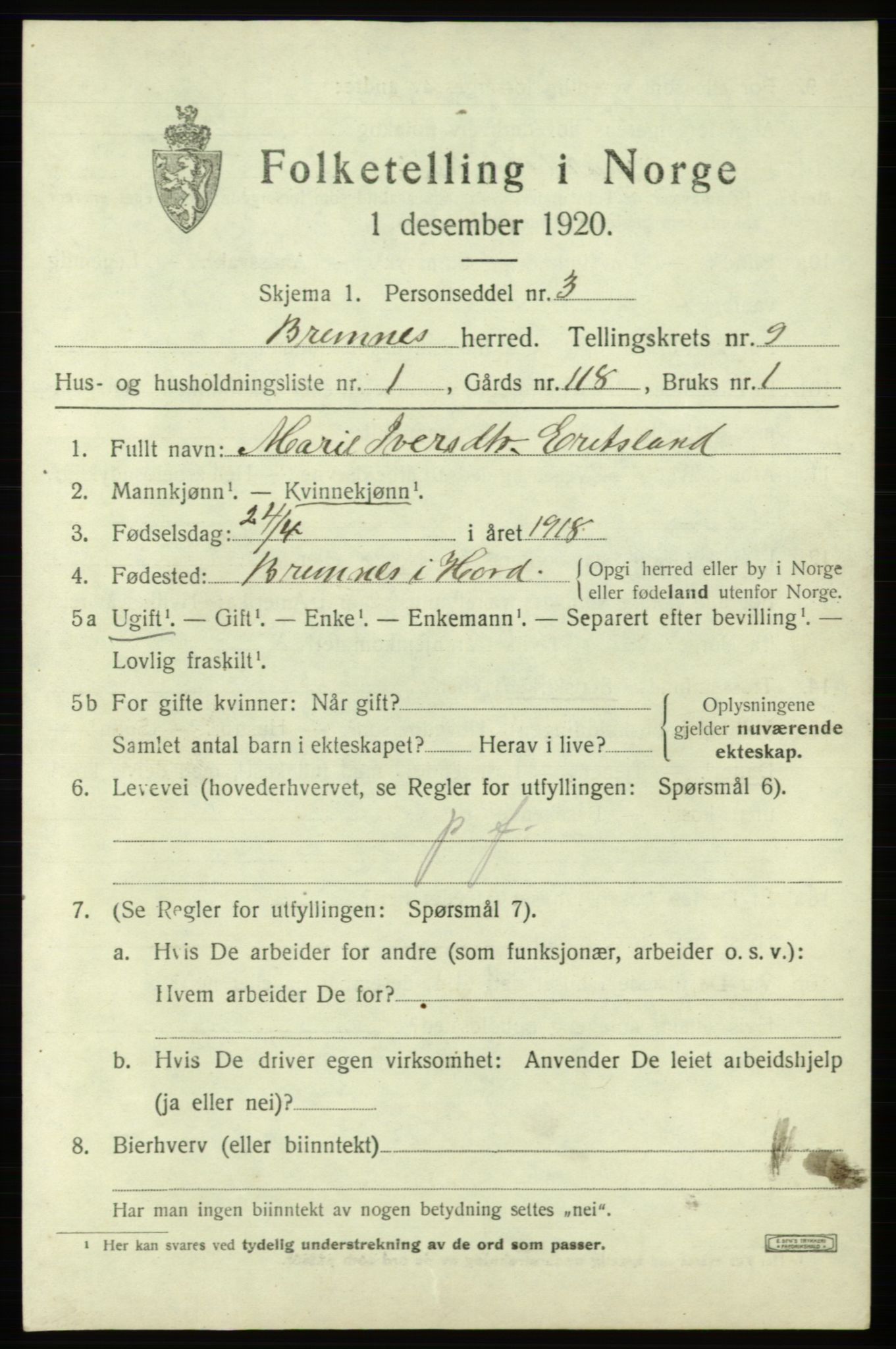 SAB, 1920 census for Bremnes, 1920, p. 6118