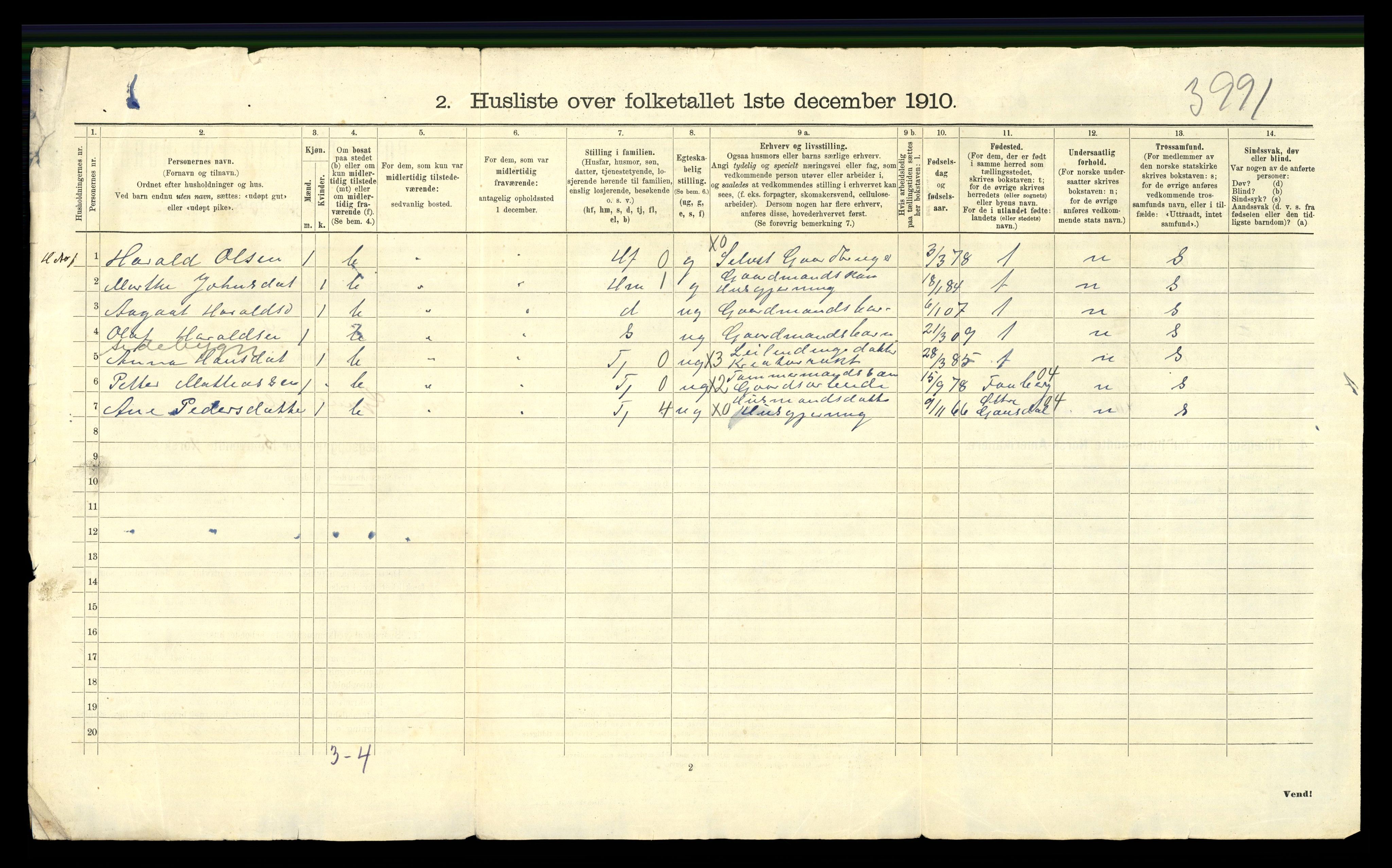 RA, 1910 census for Vestre Gausdal, 1910, p. 34