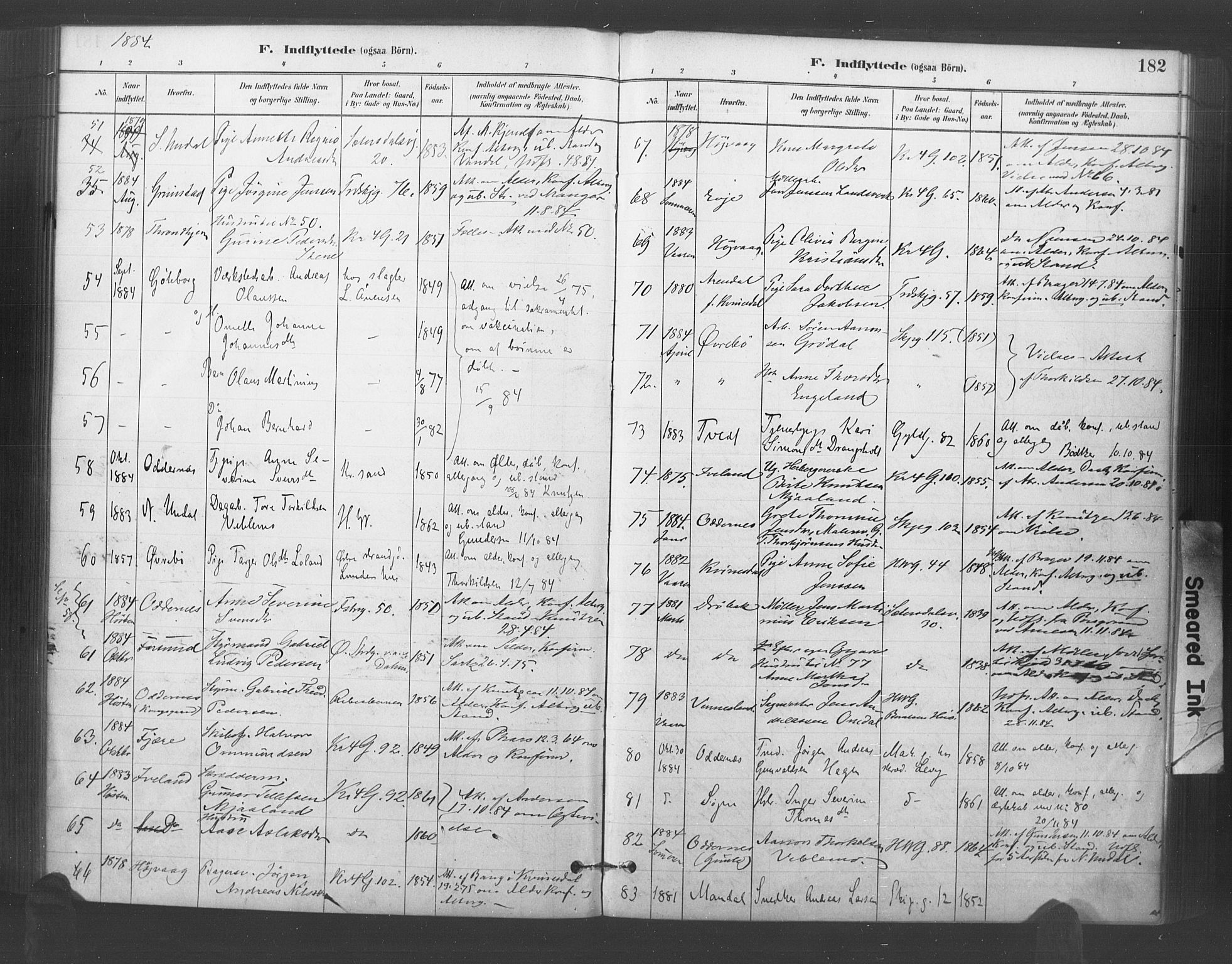 Kristiansand domprosti, AV/SAK-1112-0006/F/Fa/L0018: Parish register (official) no. A 17, 1880-1892, p. 182