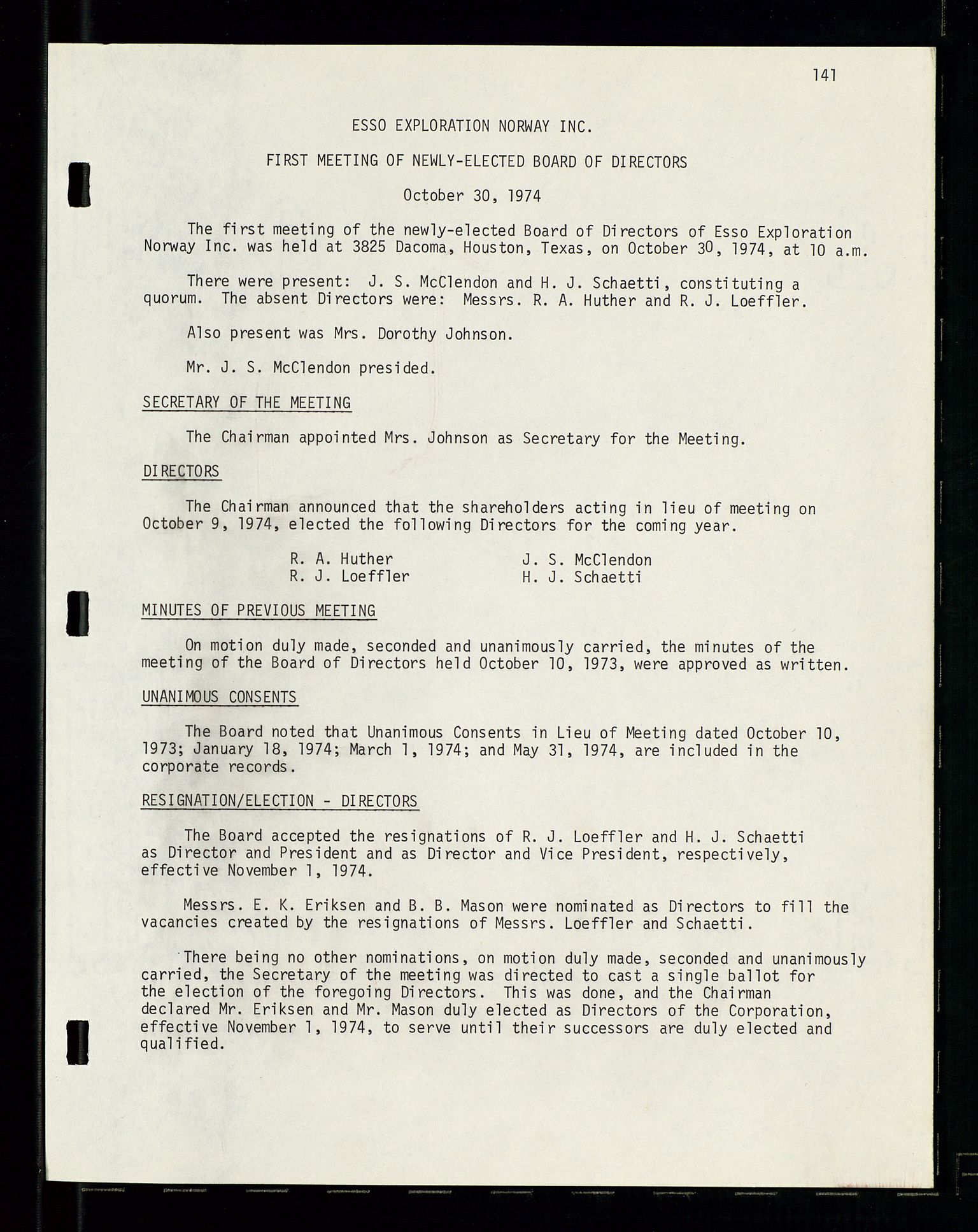 Pa 1512 - Esso Exploration and Production Norway Inc., SAST/A-101917/A/Aa/L0001/0001: Styredokumenter / Corporate records, By-Laws, Board meeting minutes, Incorporations, 1965-1975, p. 141