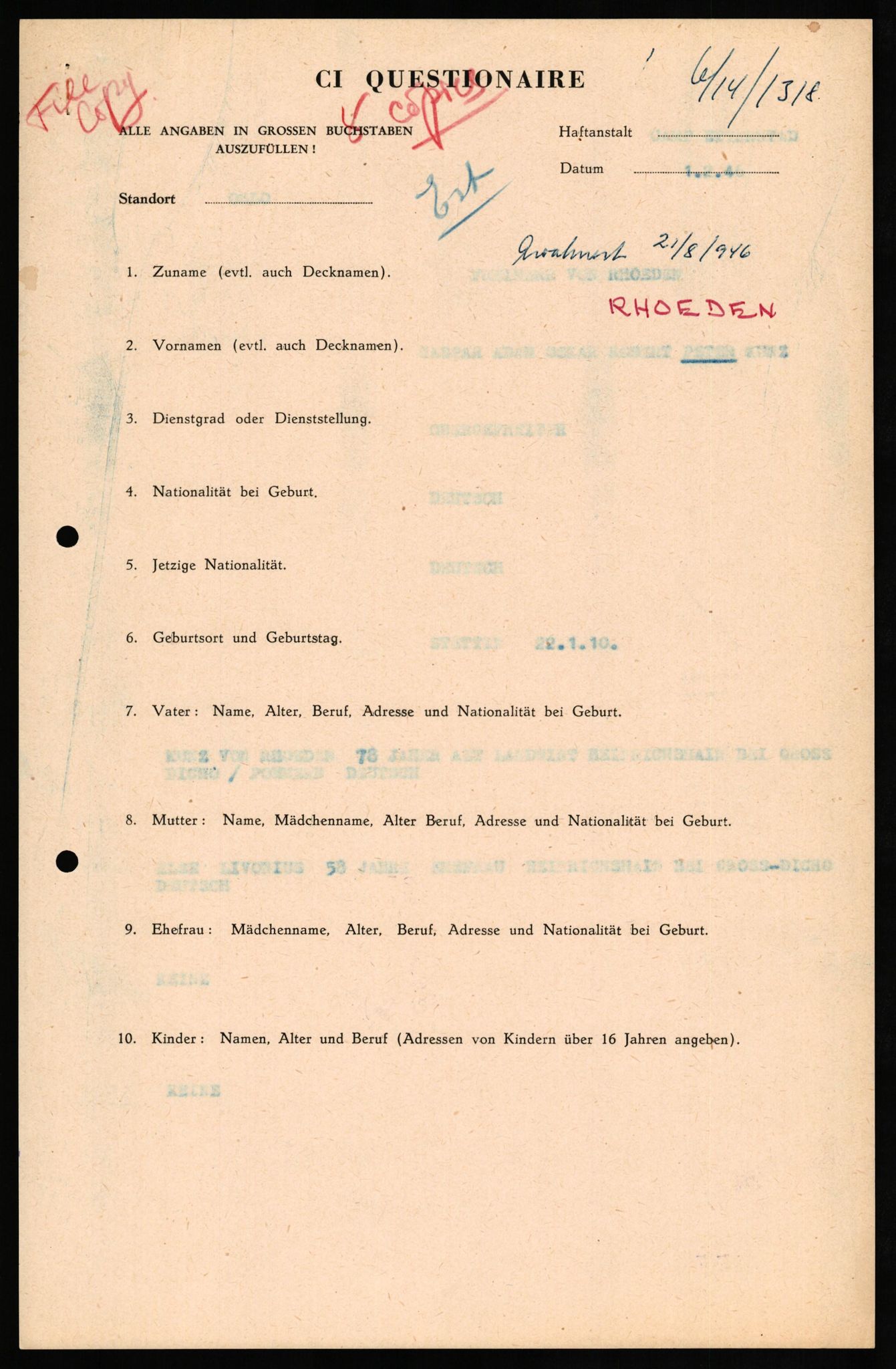 Forsvaret, Forsvarets overkommando II, AV/RA-RAFA-3915/D/Db/L0027: CI Questionaires. Tyske okkupasjonsstyrker i Norge. Tyskere., 1945-1946, p. 295