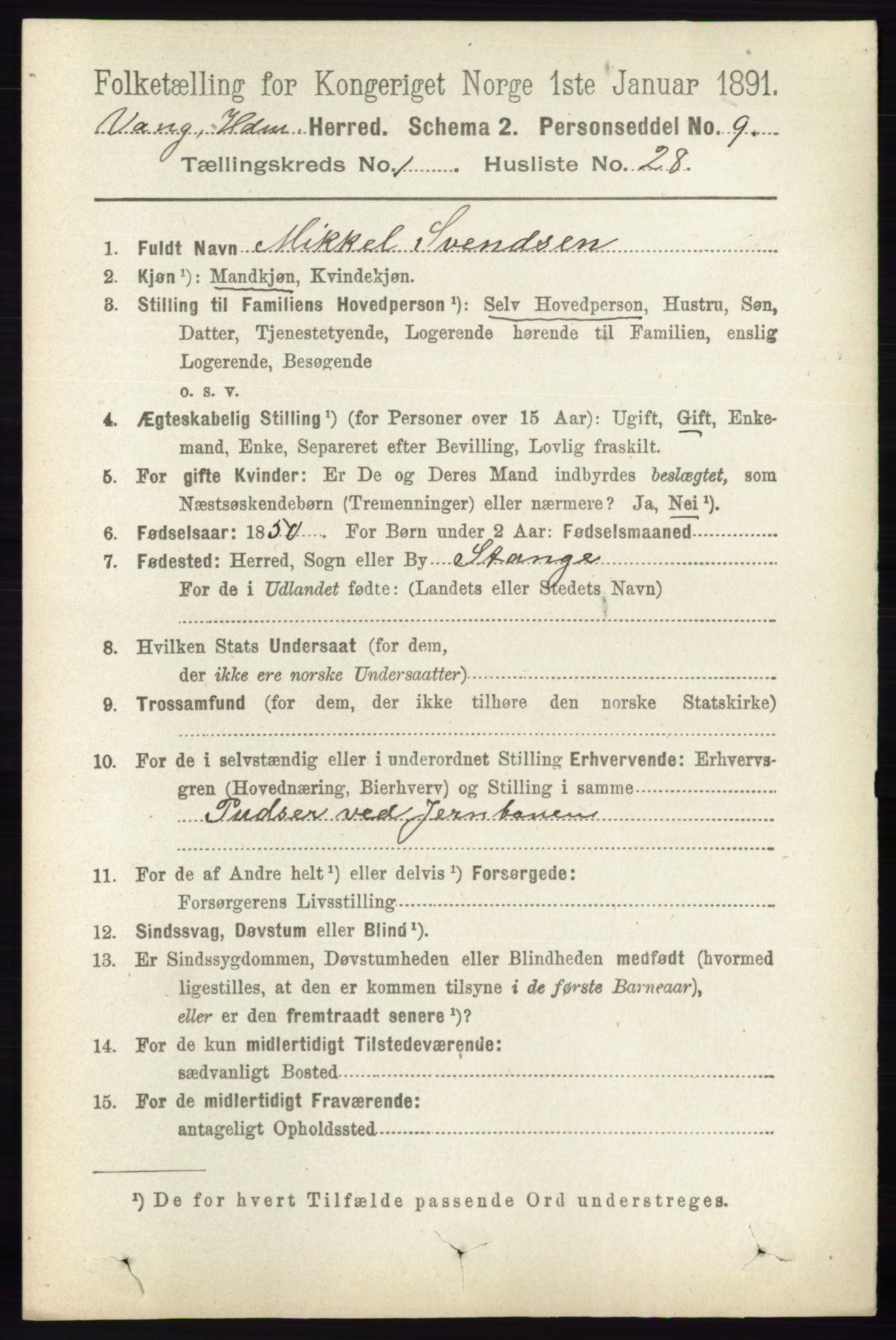 RA, 1891 census for 0414 Vang, 1891, p. 350