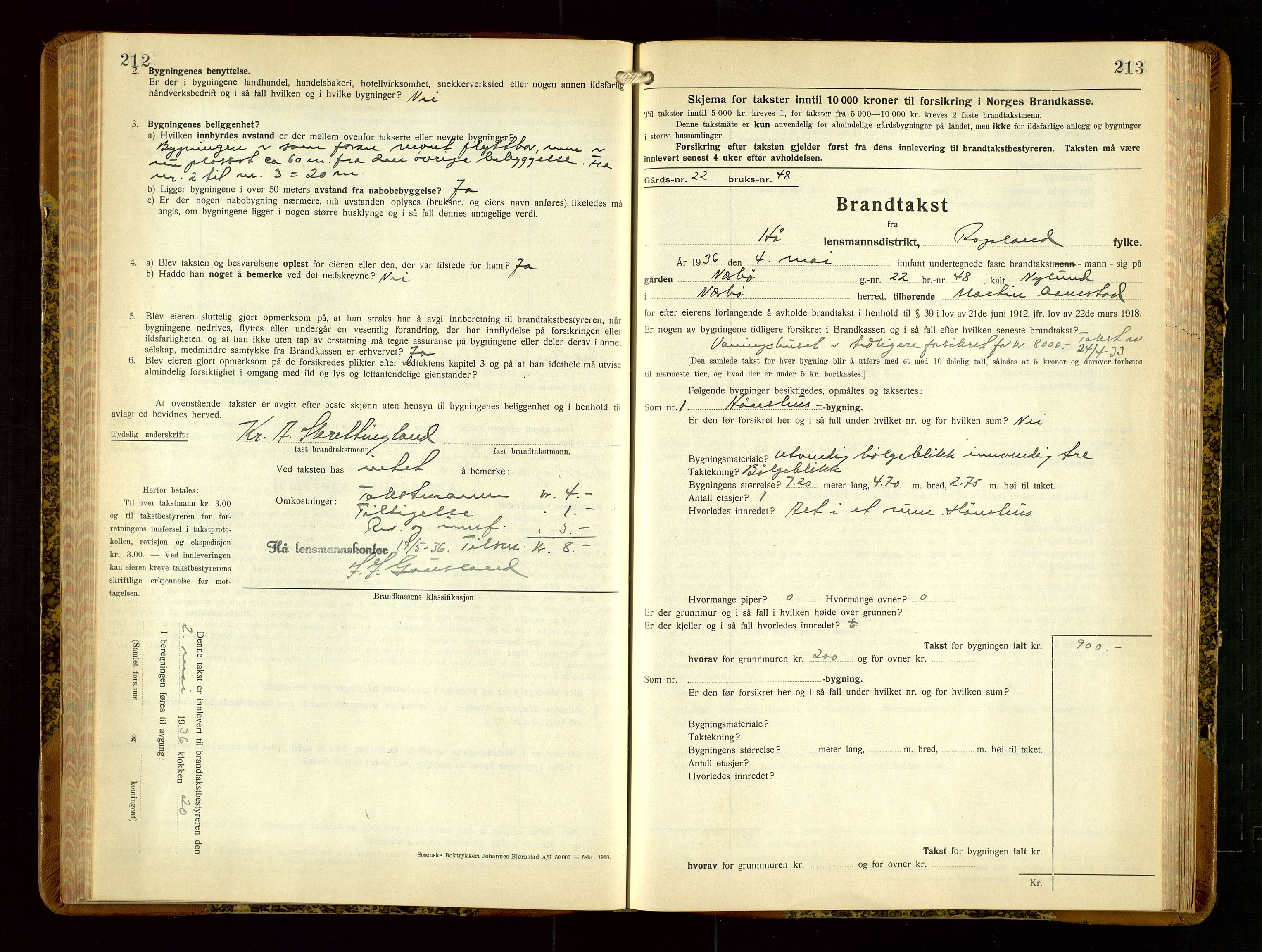 Hå lensmannskontor, AV/SAST-A-100456/Goa/L0006: Takstprotokoll (skjema), 1932-1938, p. 212-213