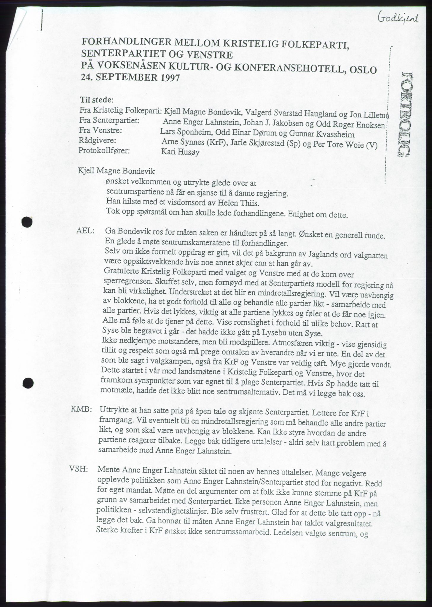 Forhandlingene mellom Kristelig Folkeparti, Senterpartiet og Venstre om dannelse av regjering, AV/RA-PA-1073/A/L0001: Forhandlingsprotokoller, 1997, p. 3