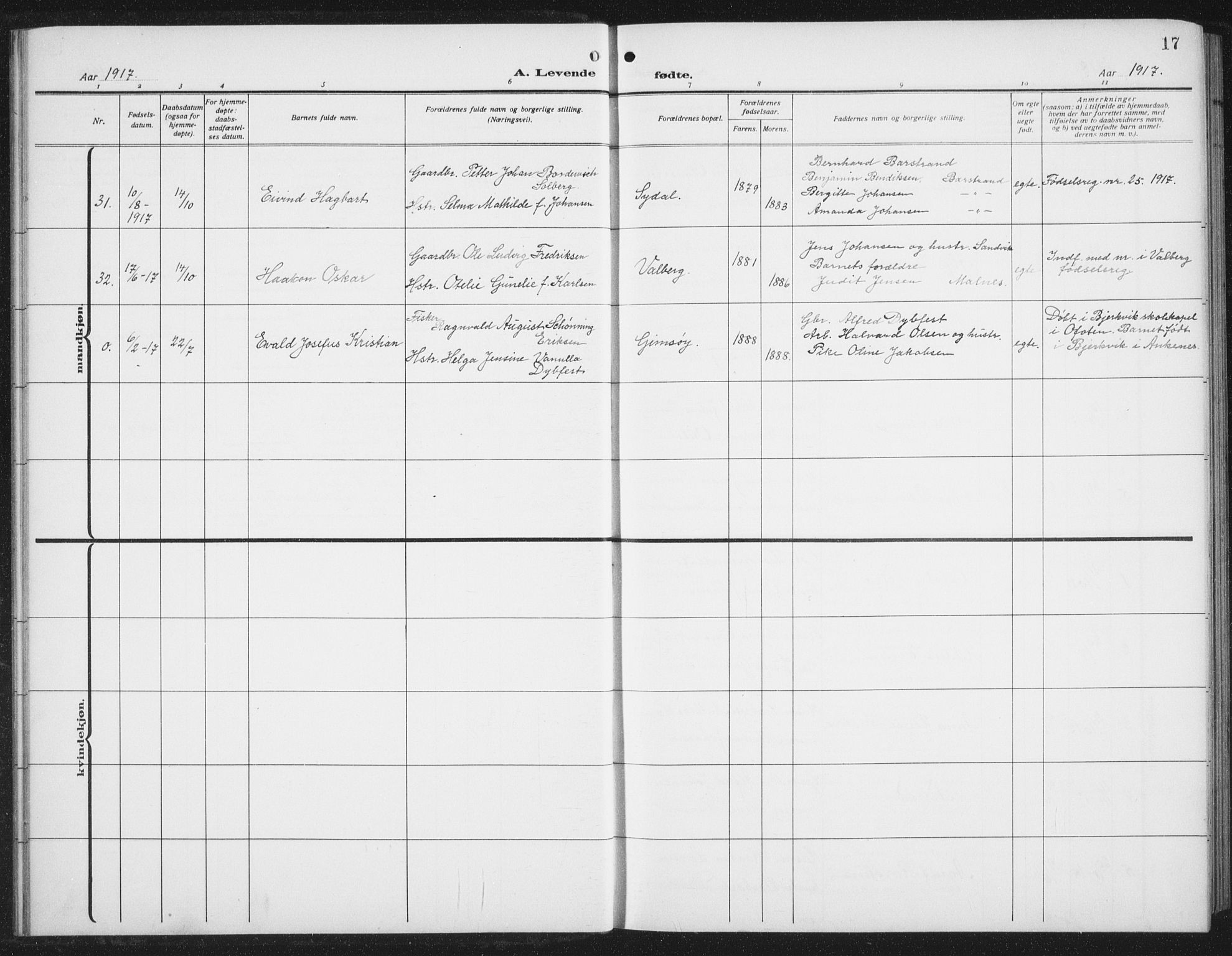 Ministerialprotokoller, klokkerbøker og fødselsregistre - Nordland, AV/SAT-A-1459/876/L1106: Parish register (copy) no. 876C05, 1915-1942, p. 17