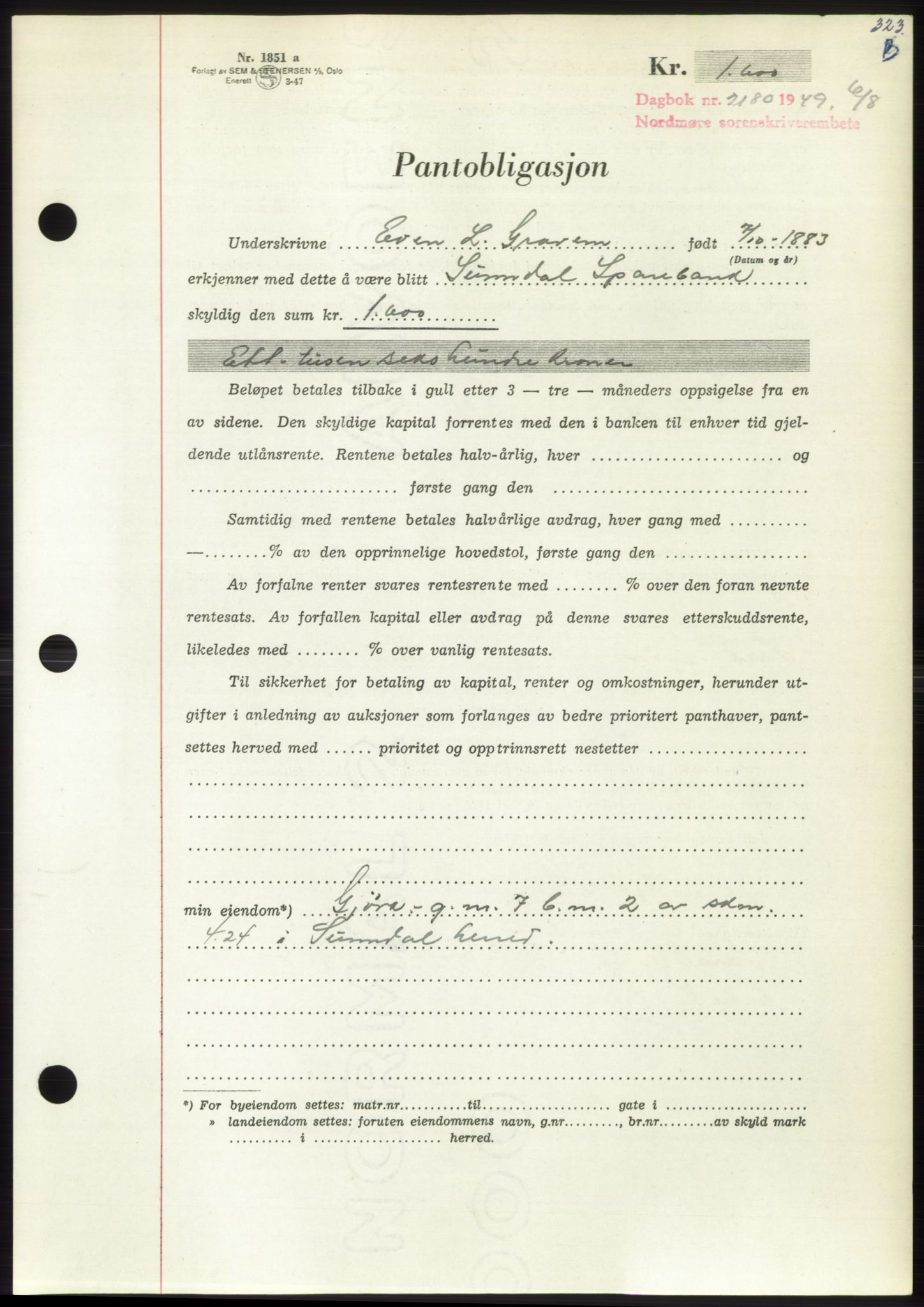 Nordmøre sorenskriveri, AV/SAT-A-4132/1/2/2Ca: Mortgage book no. B102, 1949-1949, Diary no: : 2180/1949