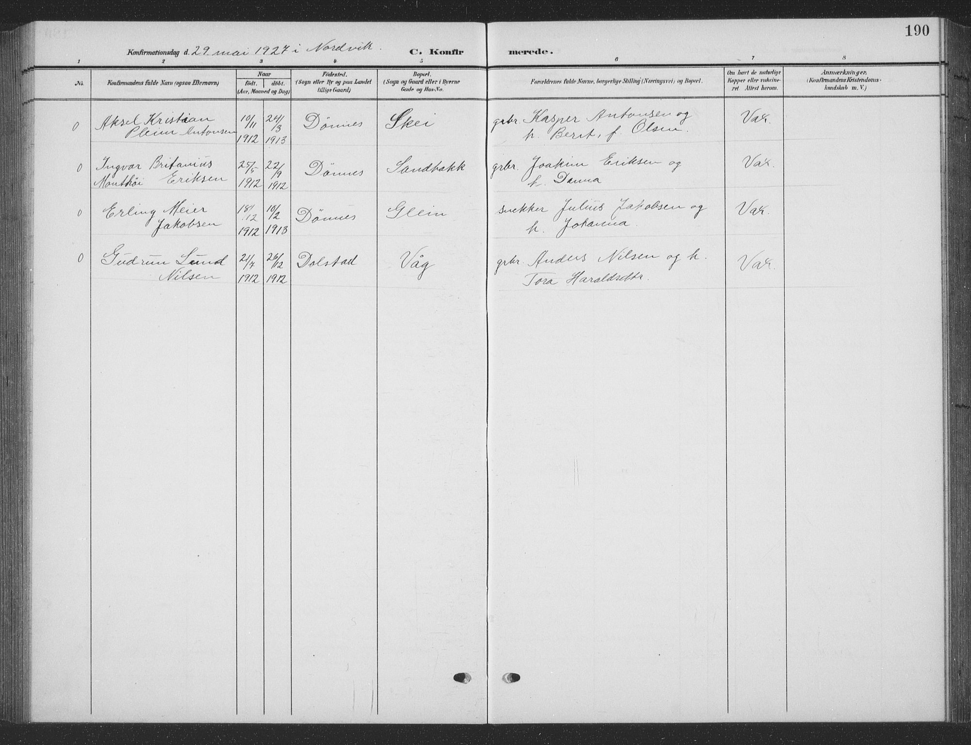 Ministerialprotokoller, klokkerbøker og fødselsregistre - Nordland, SAT/A-1459/835/L0533: Parish register (copy) no. 835C05, 1906-1939, p. 190