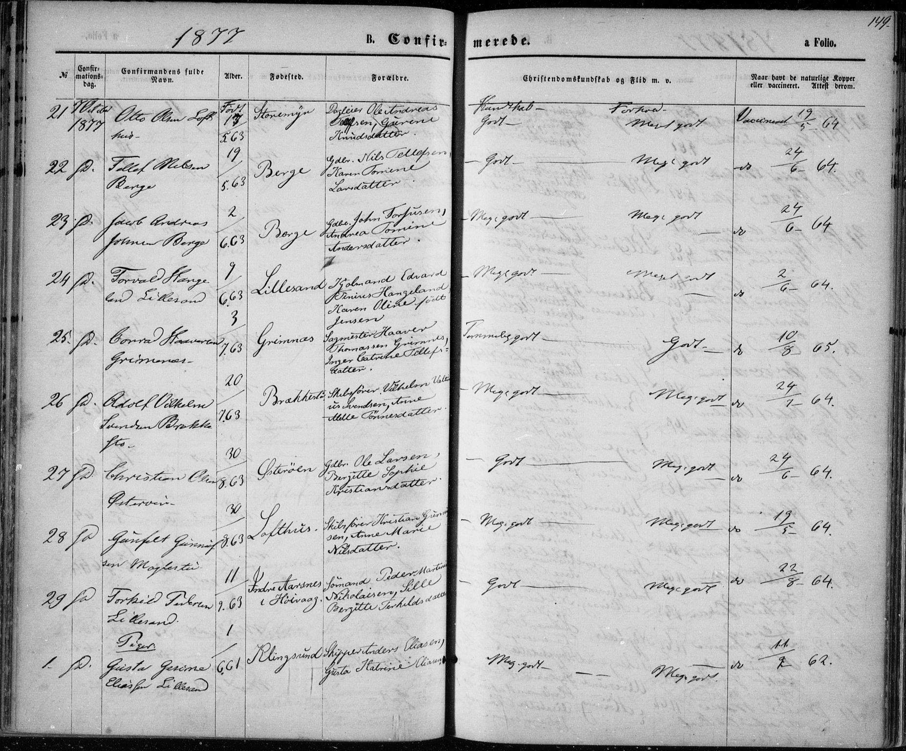 Vestre Moland sokneprestkontor, AV/SAK-1111-0046/F/Fa/Fab/L0008: Parish register (official) no. A 8, 1873-1883, p. 149