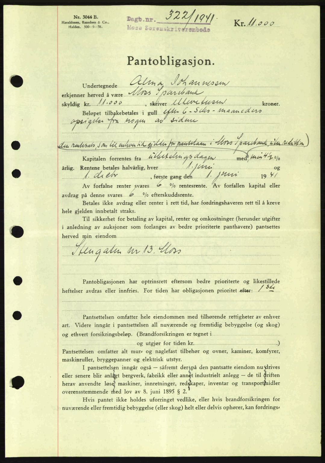 Moss sorenskriveri, SAO/A-10168: Mortgage book no. B10, 1940-1941, Diary no: : 322/1941