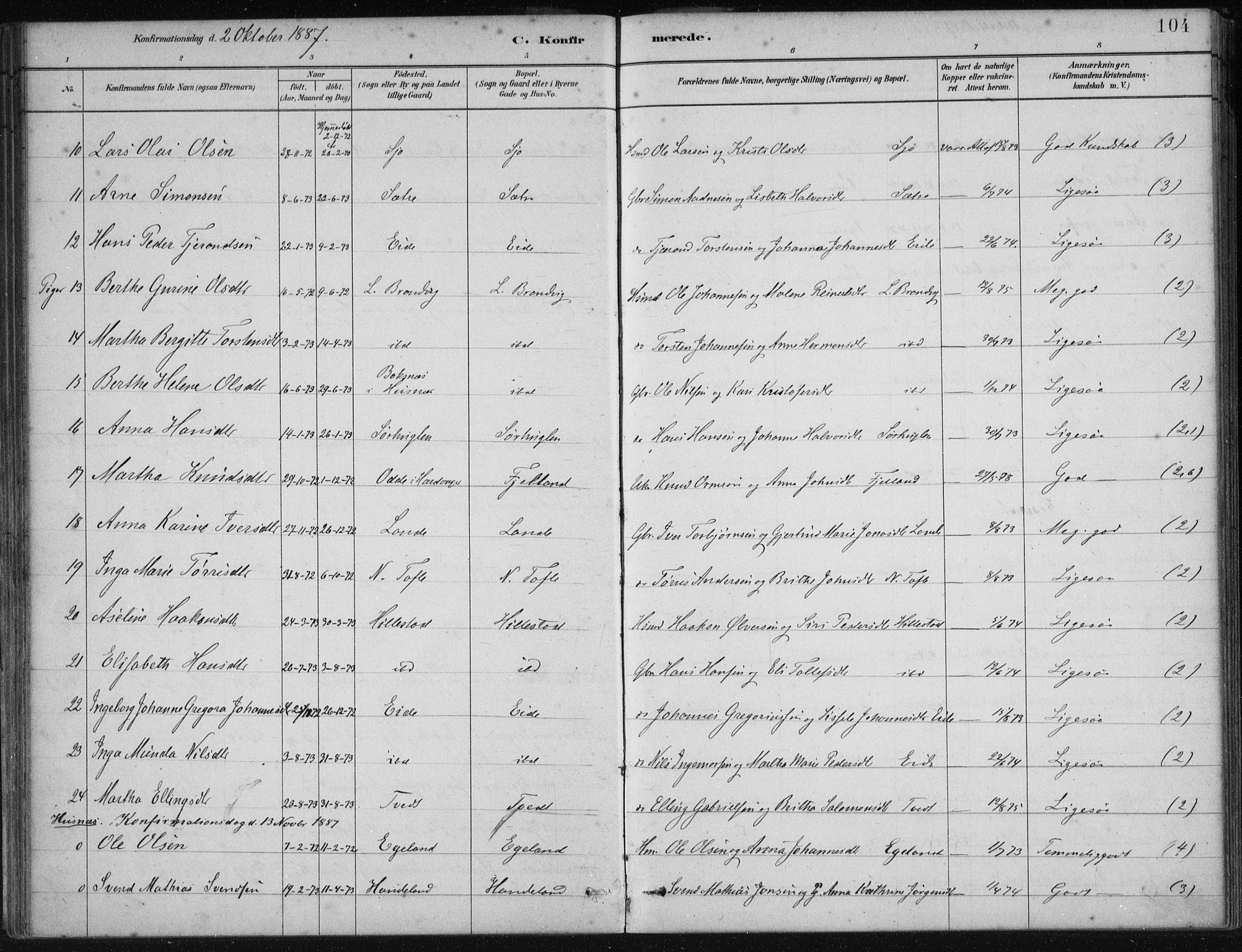 Fjelberg sokneprestembete, SAB/A-75201/H/Haa: Parish register (official) no. C  1, 1879-1918, p. 104