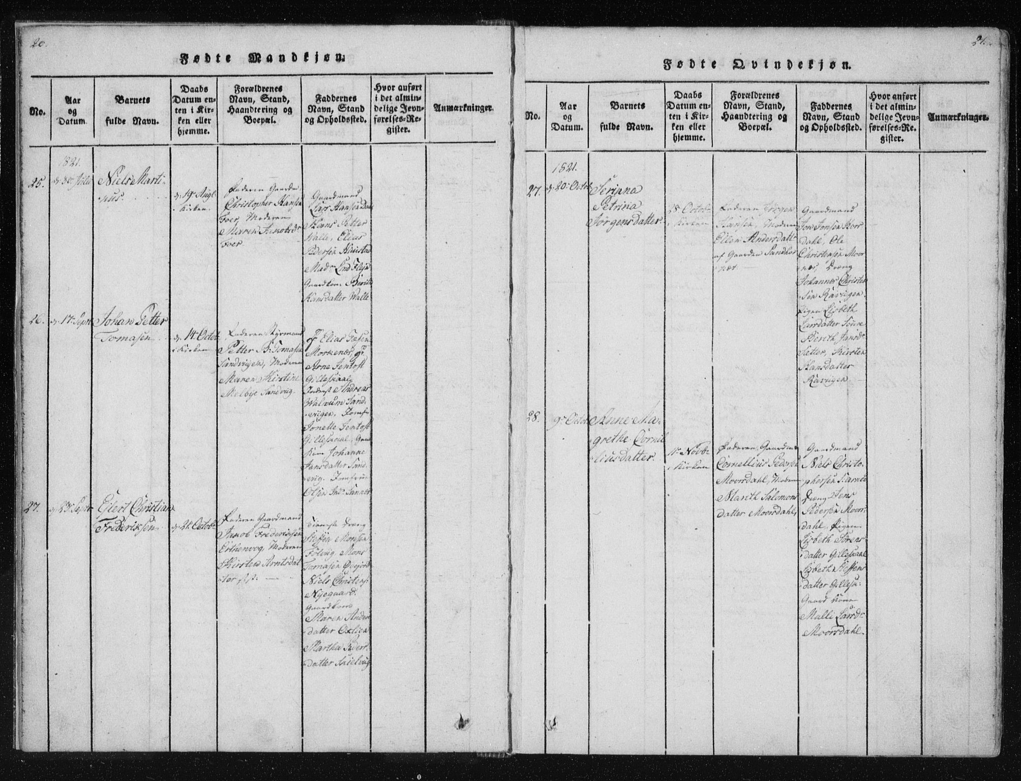 Ministerialprotokoller, klokkerbøker og fødselsregistre - Nordland, SAT/A-1459/805/L0096: Parish register (official) no. 805A03, 1820-1837, p. 20-21