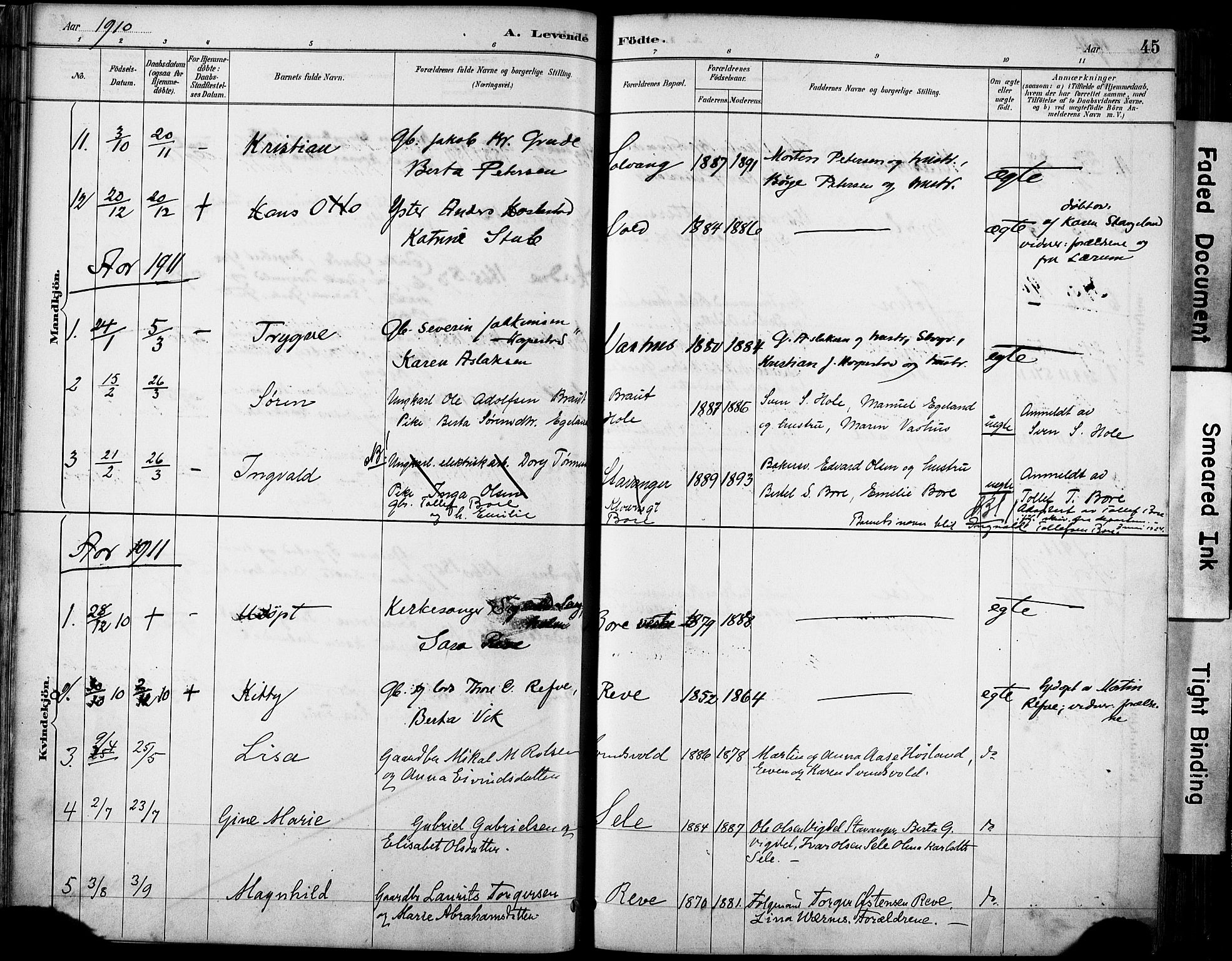 Klepp sokneprestkontor, SAST/A-101803/001/3/30BA/L0008: Parish register (official) no. A 9, 1886-1919, p. 45