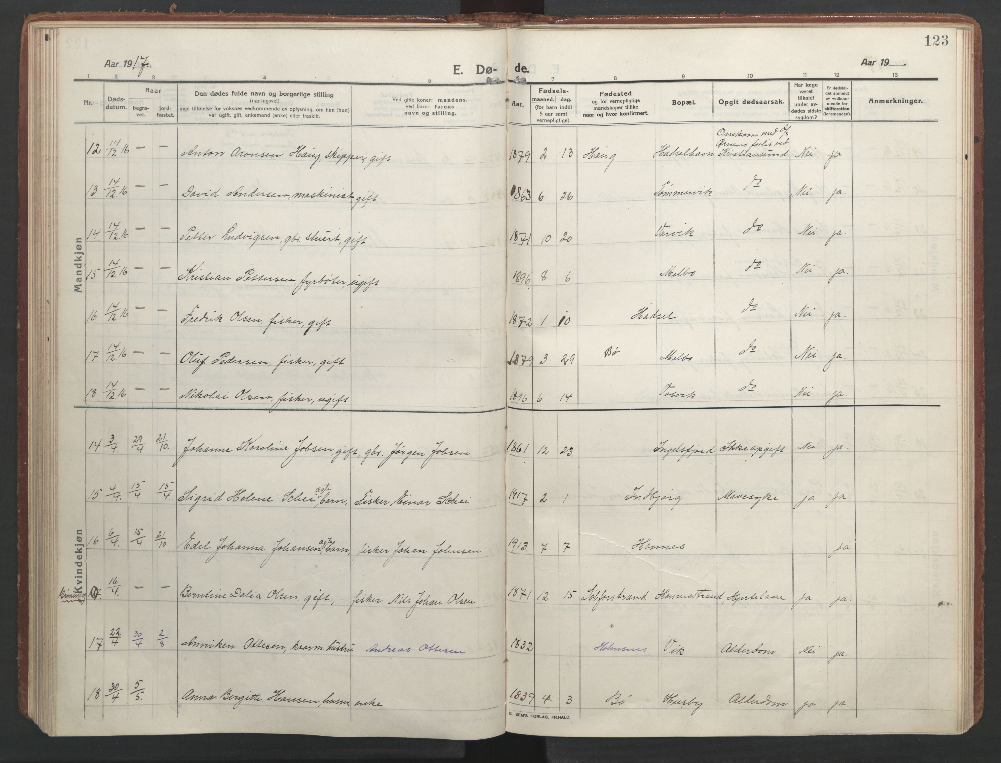 Ministerialprotokoller, klokkerbøker og fødselsregistre - Nordland, AV/SAT-A-1459/888/L1251: Parish register (official) no. 888A17, 1913-1925, p. 123