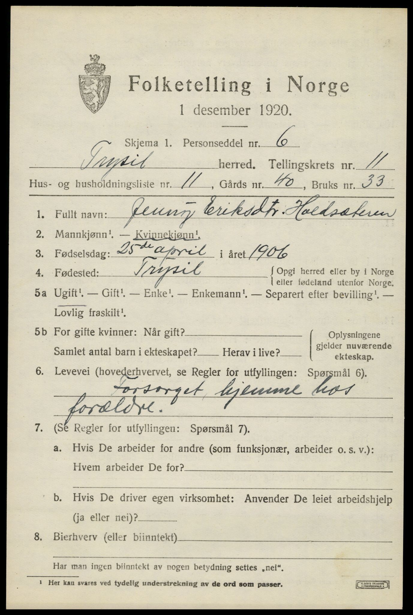 SAH, 1920 census for Trysil, 1920, p. 7085