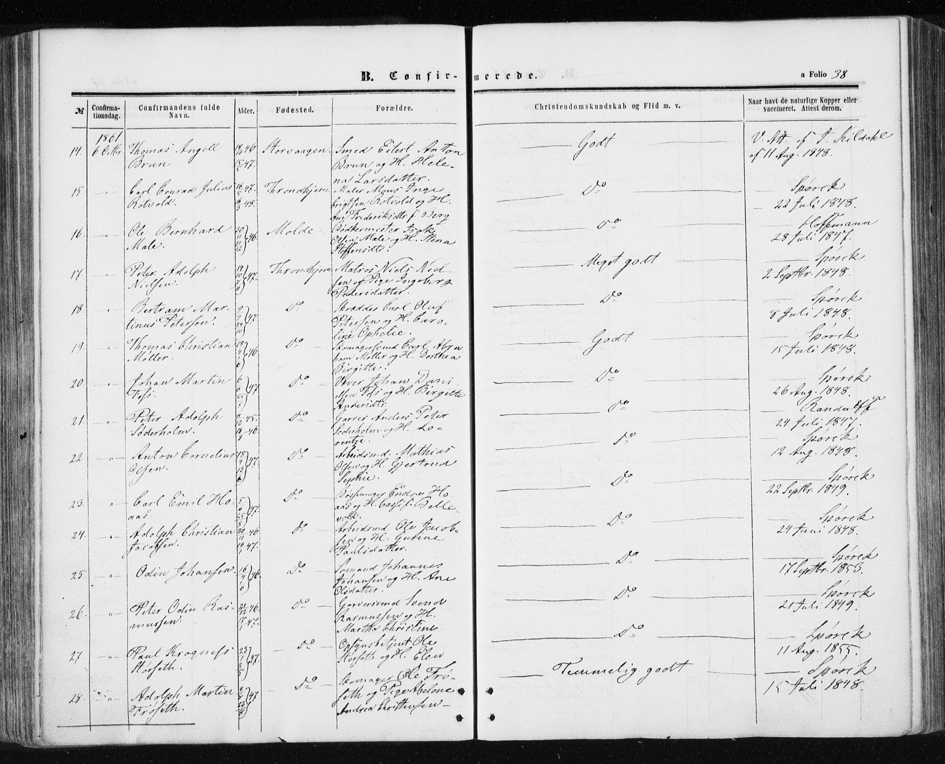 Ministerialprotokoller, klokkerbøker og fødselsregistre - Sør-Trøndelag, SAT/A-1456/601/L0053: Parish register (official) no. 601A21, 1857-1865, p. 38