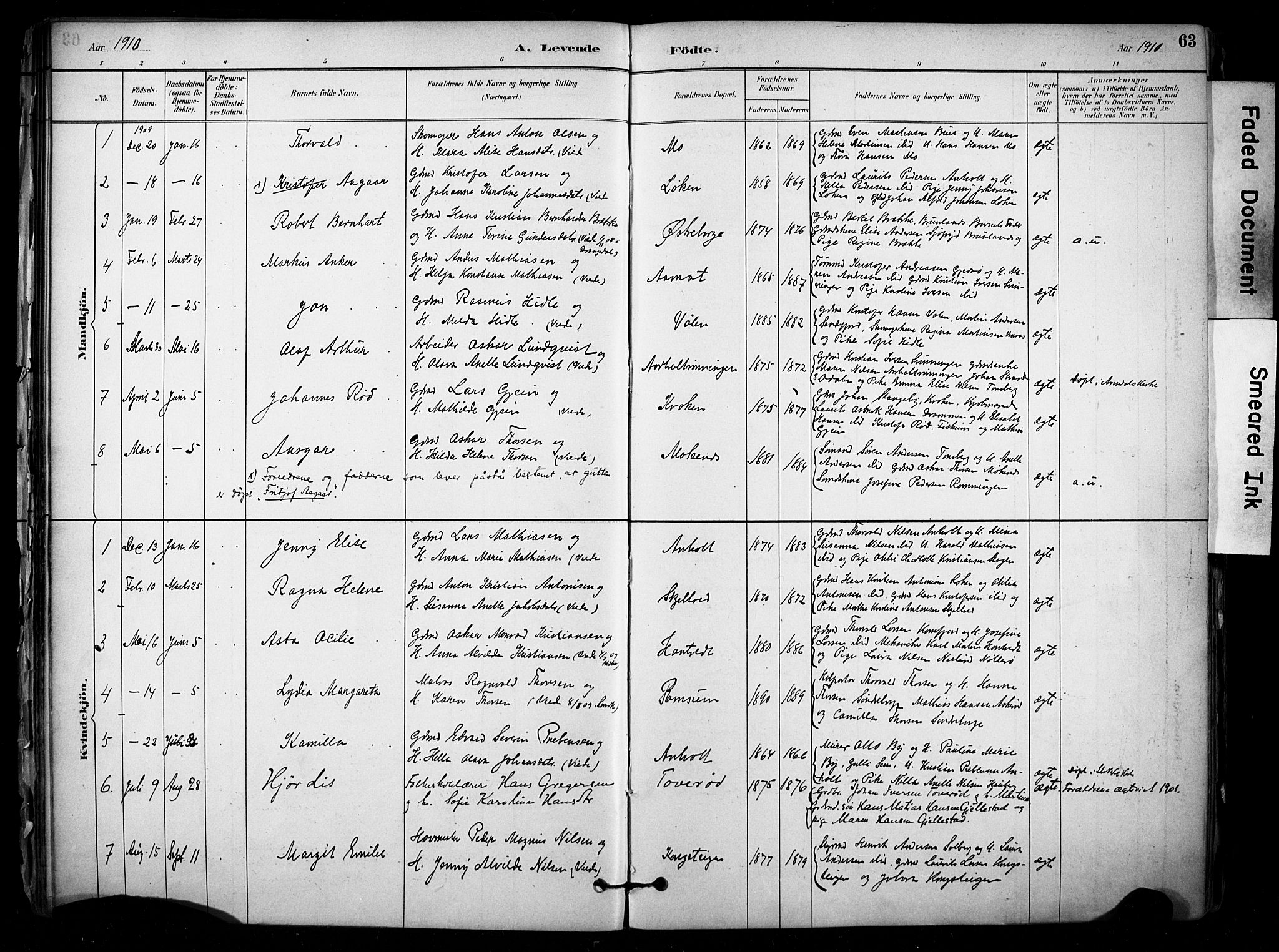 Stokke kirkebøker, SAKO/A-320/F/Fb/L0001: Parish register (official) no. II 1, 1884-1910, p. 63