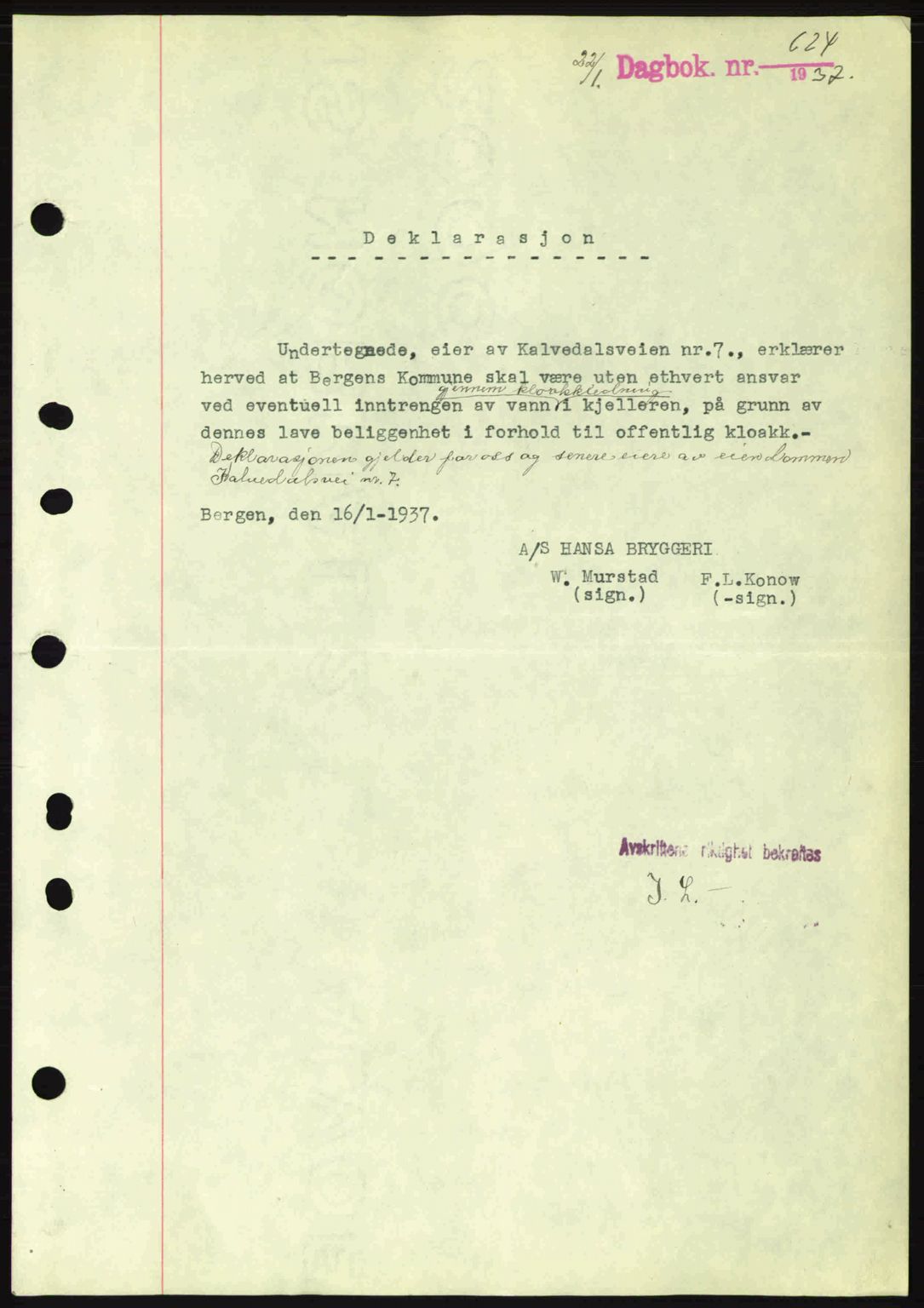 Byfogd og Byskriver i Bergen, SAB/A-3401/03/03Bc/L0004: Mortgage book no. A3-4, 1936-1937, Diary no: : 624/1937