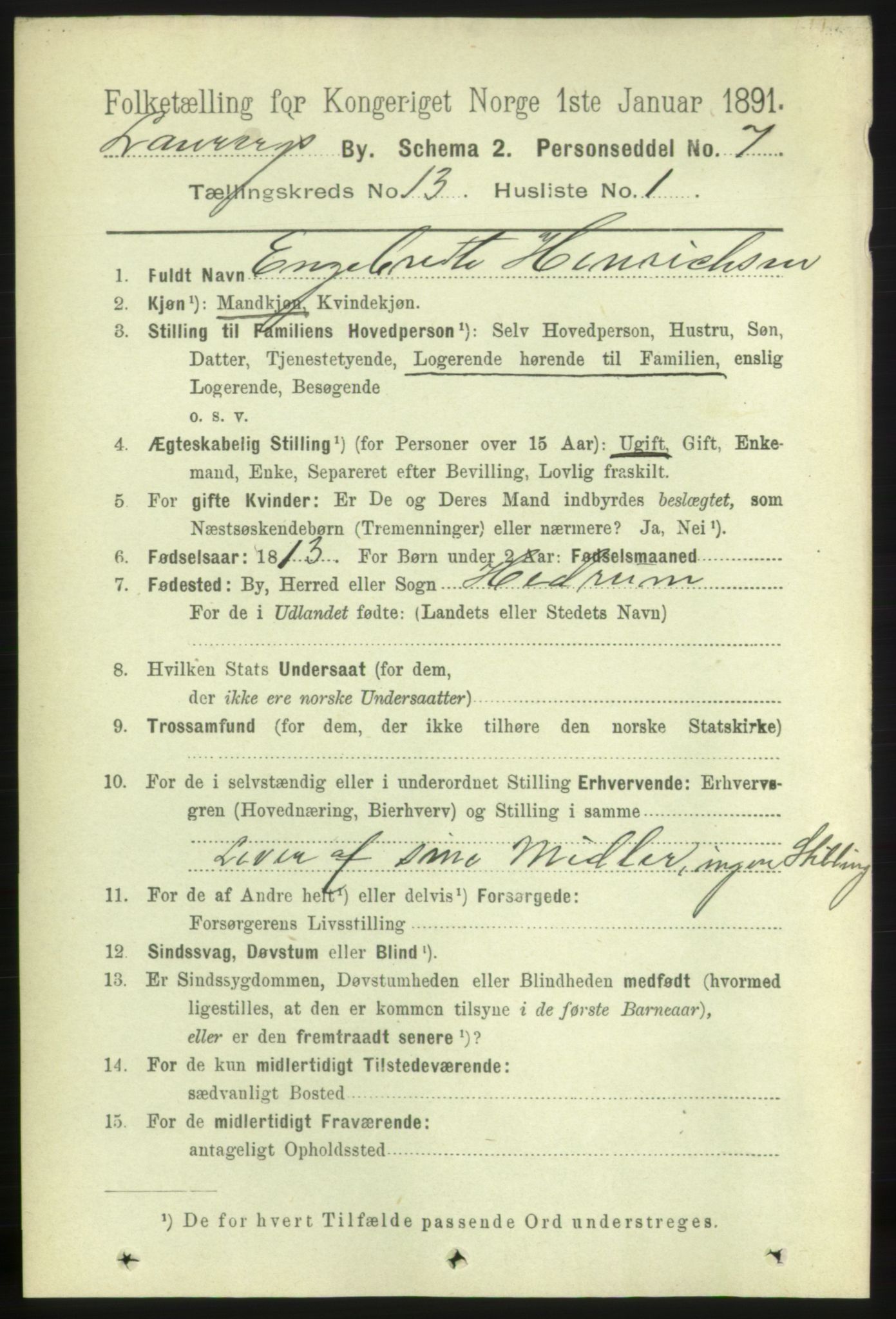 RA, 1891 census for 0707 Larvik, 1891, p. 10491