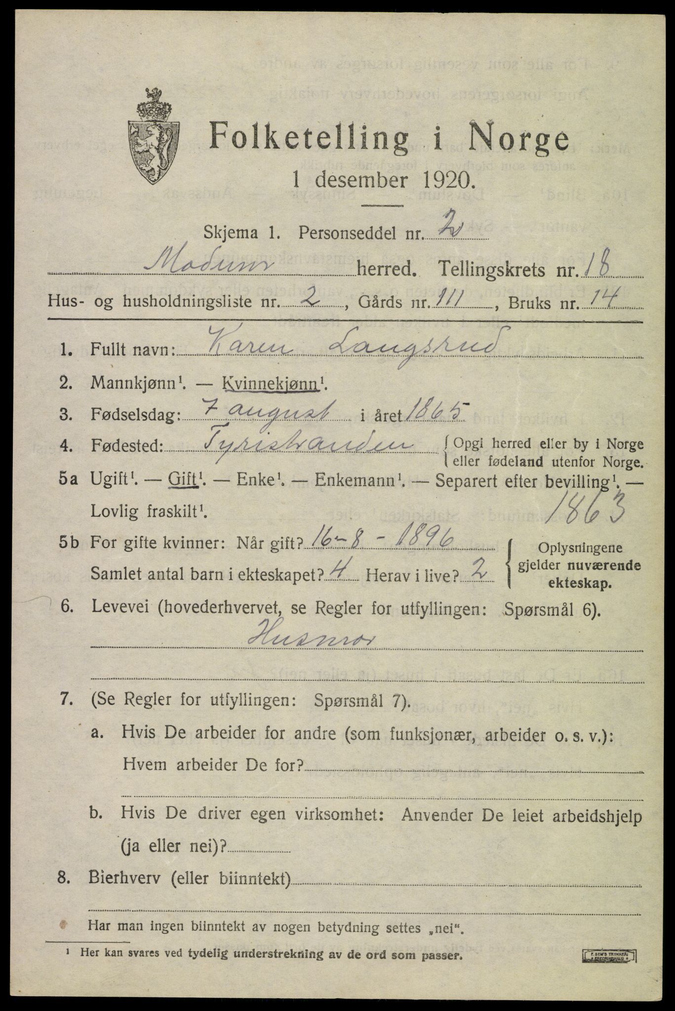 SAKO, 1920 census for Modum, 1920, p. 21013