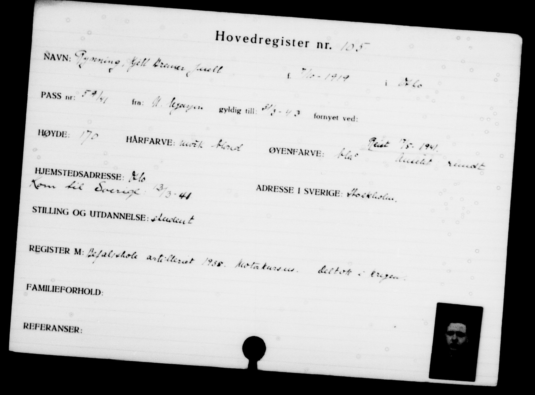 Utenriksstasjonene, Legasjonen i Stockholm, Flyktningkontoret, AV/RA-S-6753/V/Va/L0001: Kjesäterkartoteket, flyktninger med registreringsnr. 1-1000, 1940-1945, p. 176
