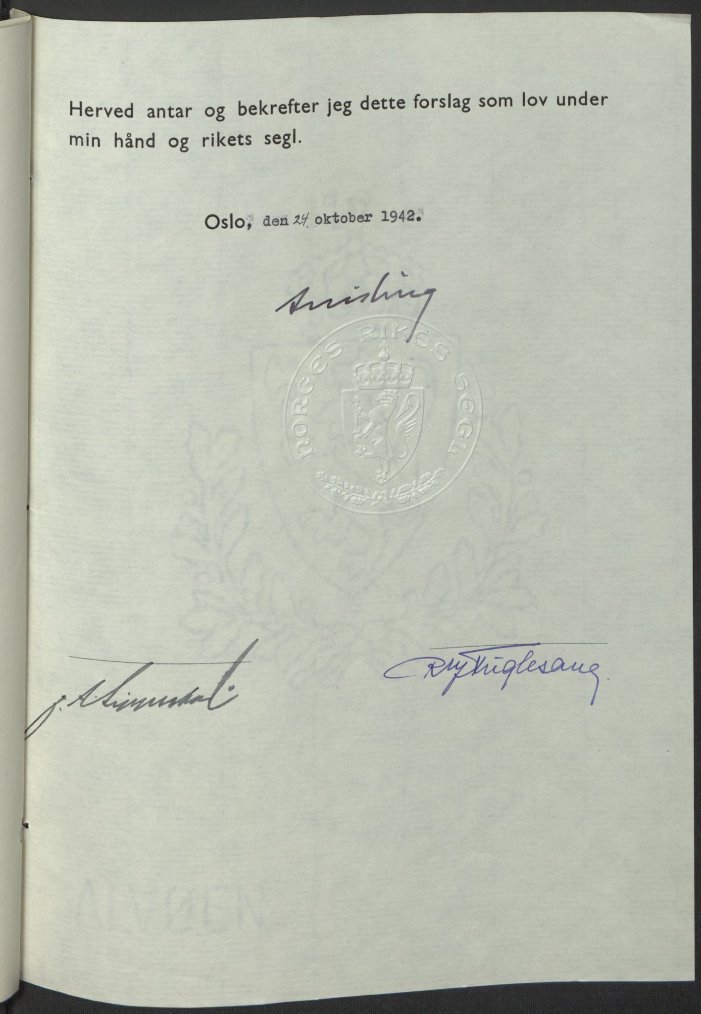NS-administrasjonen 1940-1945 (Statsrådsekretariatet, de kommisariske statsråder mm), RA/S-4279/D/Db/L0098: Lover II, 1942, p. 447