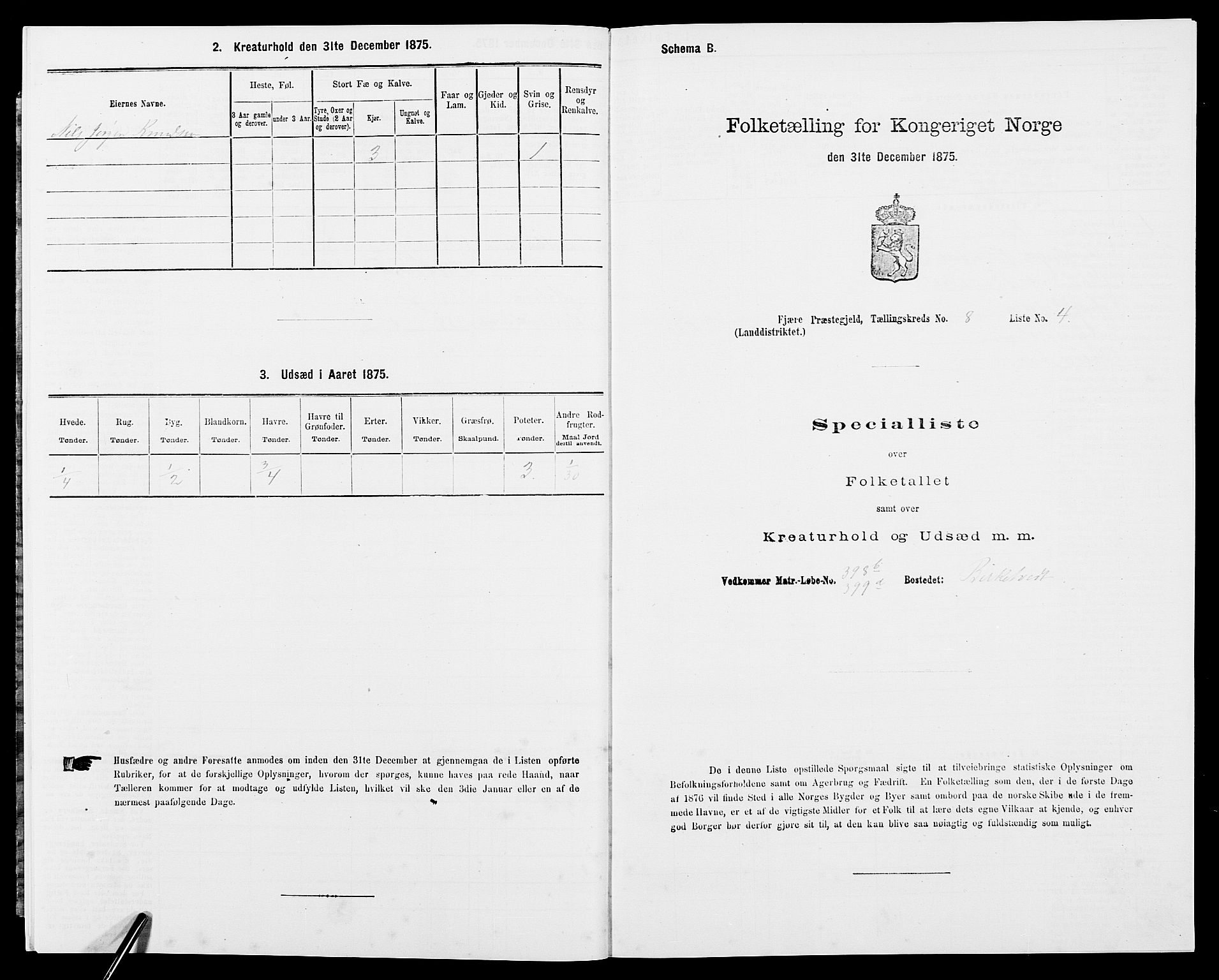 SAK, 1875 census for 0923L Fjære/Fjære, 1875, p. 1701