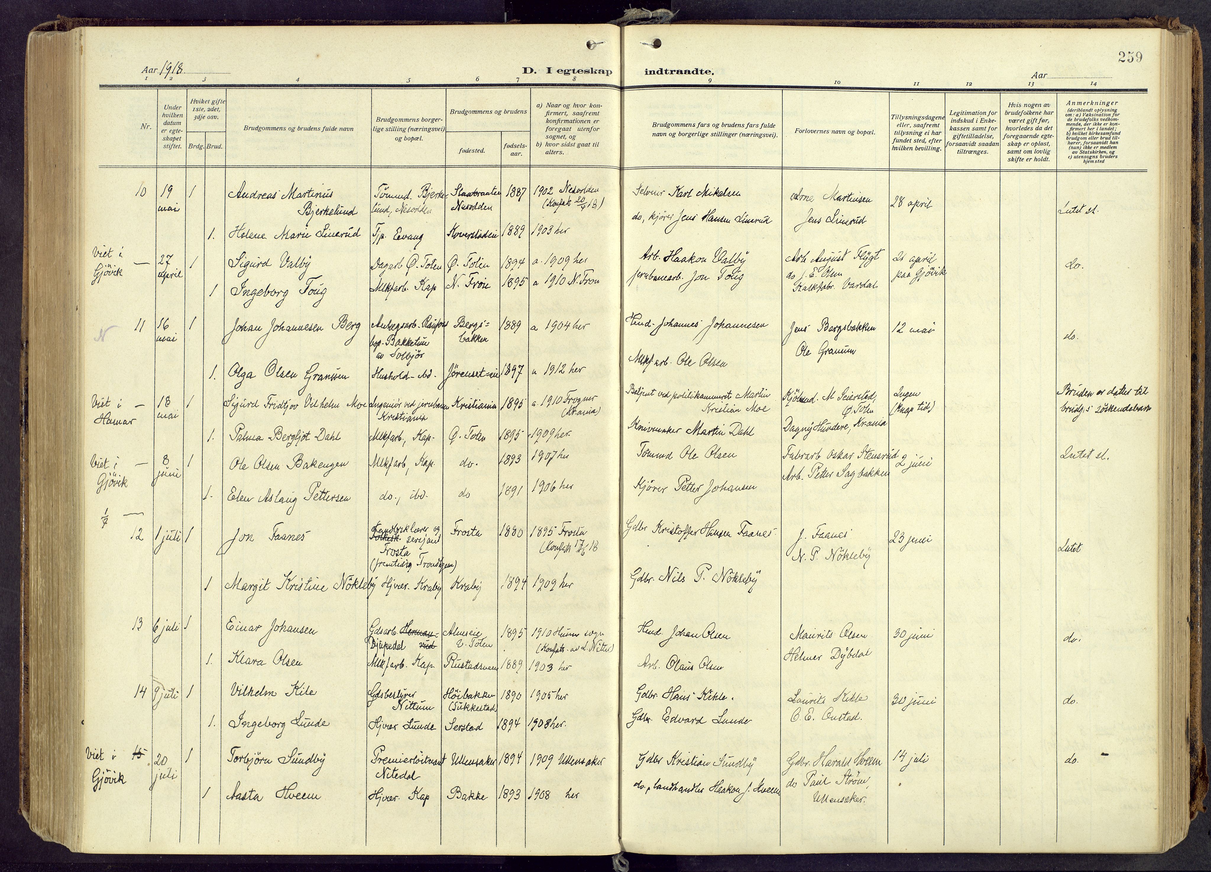 Østre Toten prestekontor, AV/SAH-PREST-104/H/Ha/Haa/L0010: Parish register (official) no. 10, 1910-1920, p. 259