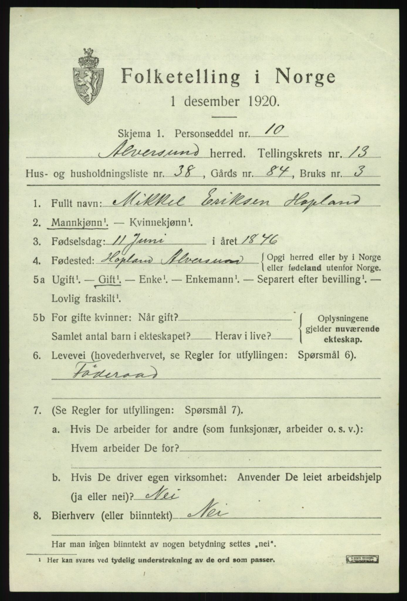 SAB, 1920 census for Alversund, 1920, p. 7662