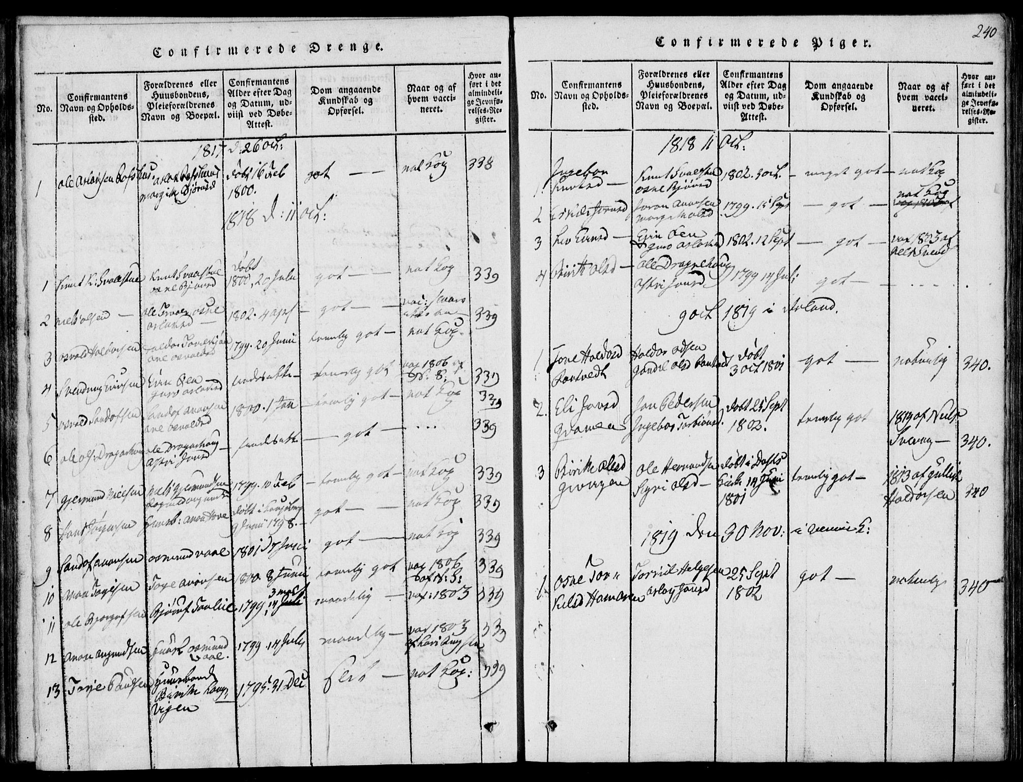 Rauland kirkebøker, AV/SAKO-A-292/G/Ga/L0001: Parish register (copy) no. I 1, 1814-1843, p. 240