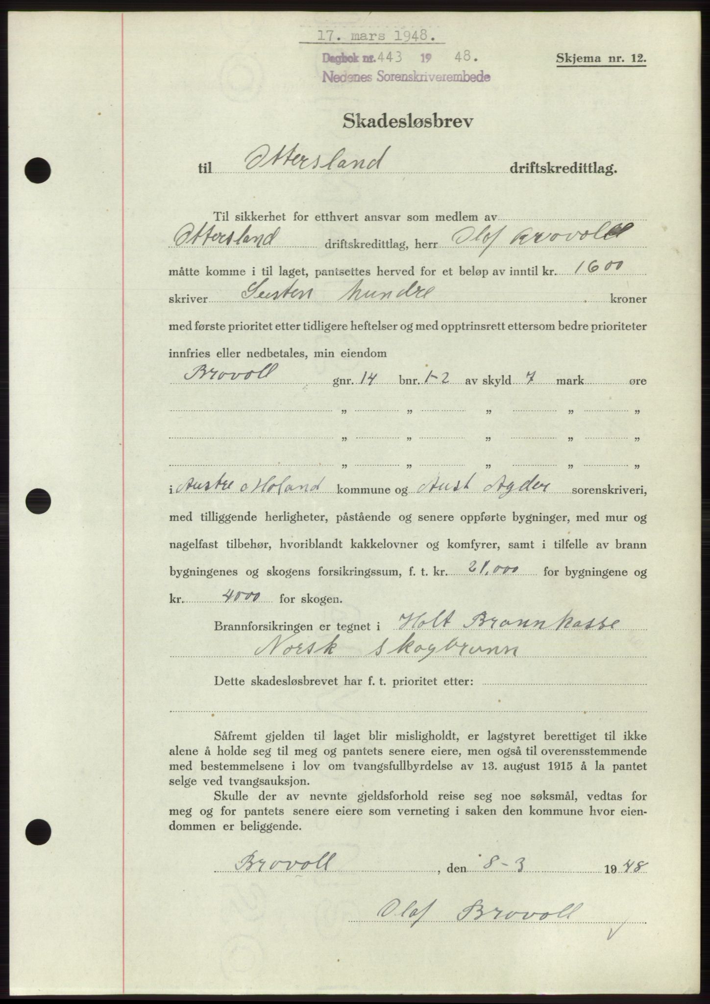 Nedenes sorenskriveri, AV/SAK-1221-0006/G/Gb/Gbb/L0005: Mortgage book no. B5, 1948-1948, Diary no: : 443/1948