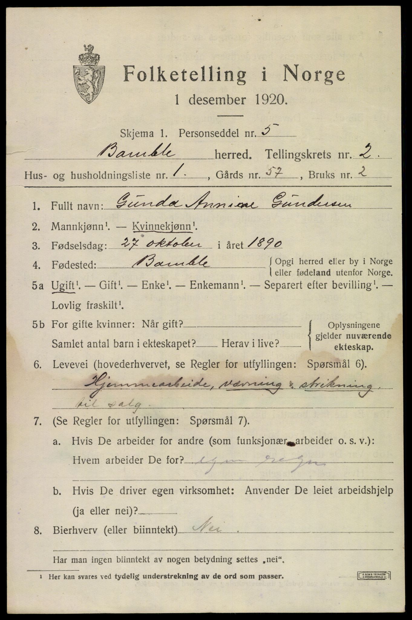 SAKO, 1920 census for Bamble, 1920, p. 2855